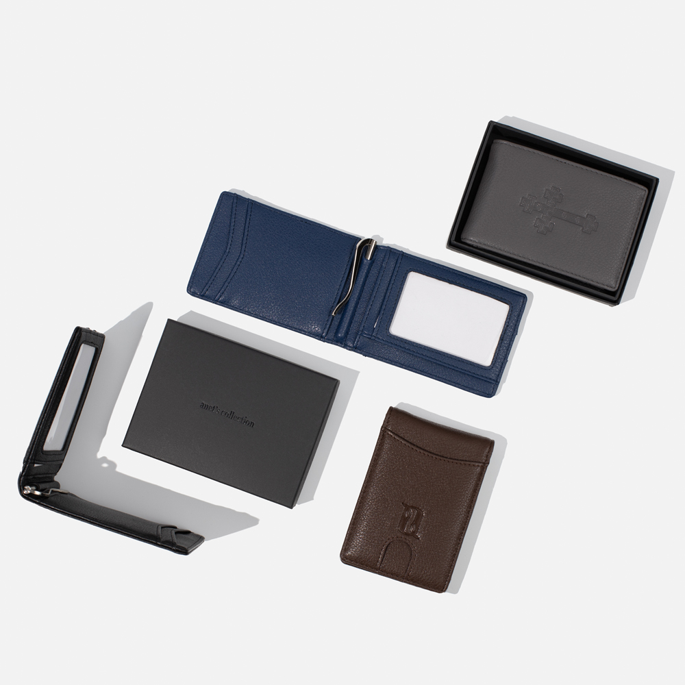 Cross Men wallet by Anet's Collection in PU leather, featuring RFID blocking technology, available in Black, Navy, Grey, and Brown.