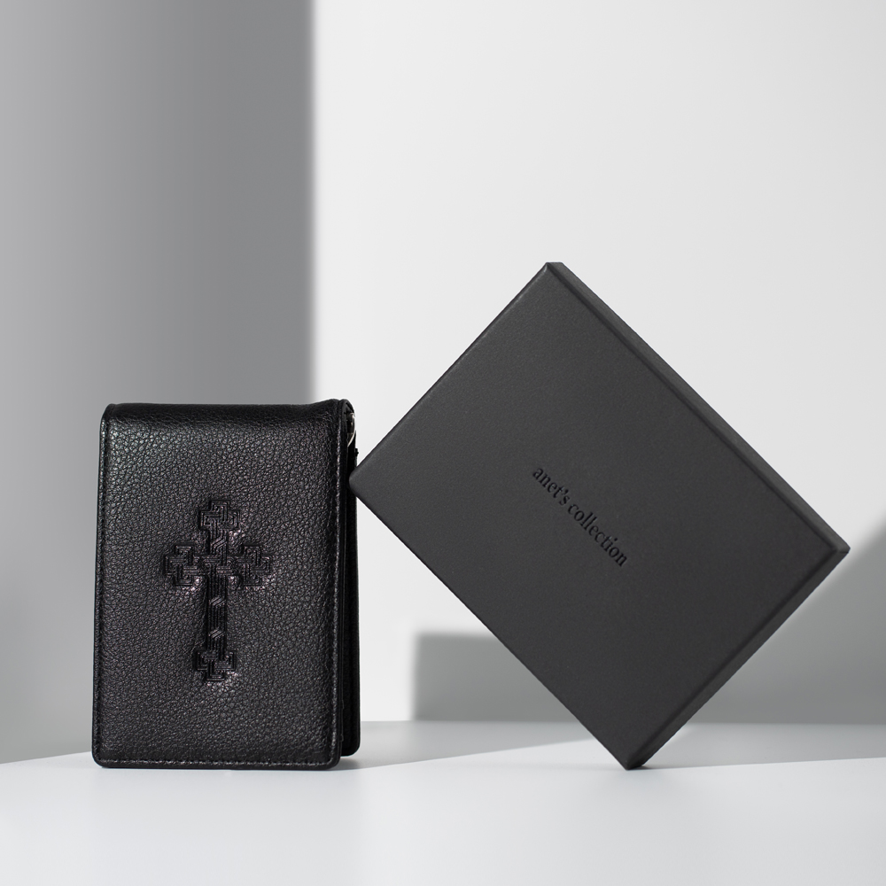 Cross Men wallet by Anet's Collection in PU leather, featuring RFID blocking technology, available in Black, Navy, Grey, and Brown.