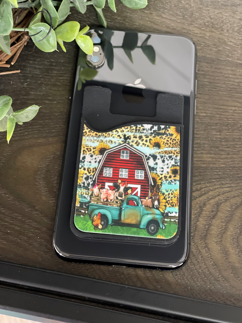 Farm Animal Truck Card Caddy Phone Wallet with removable microfiber screen cleaner, featuring a fun design for easy access to cards and cash.