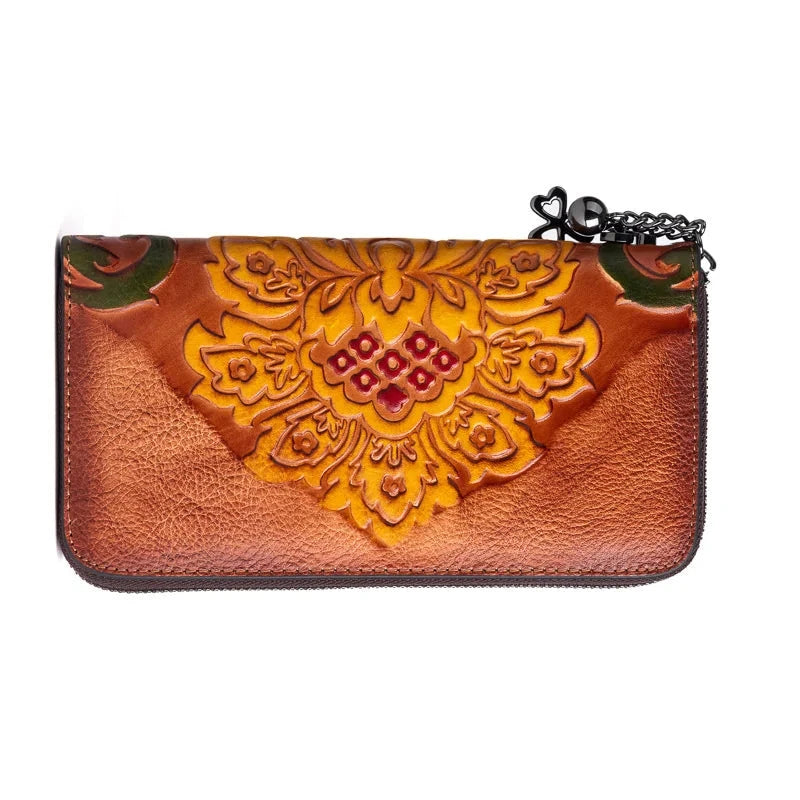 Floral Embossed Leather Wallet showcasing intricate floral patterns and a zipper closure, made from high-quality cowhide leather.