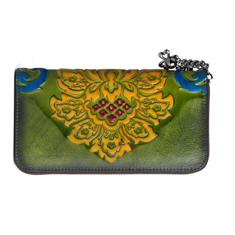 Floral Embossed Leather Wallet showcasing intricate floral patterns and a zipper closure, made from high-quality cowhide leather.