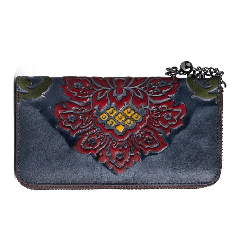 Floral Embossed Leather Wallet showcasing intricate floral patterns and a zipper closure, made from high-quality cowhide leather.