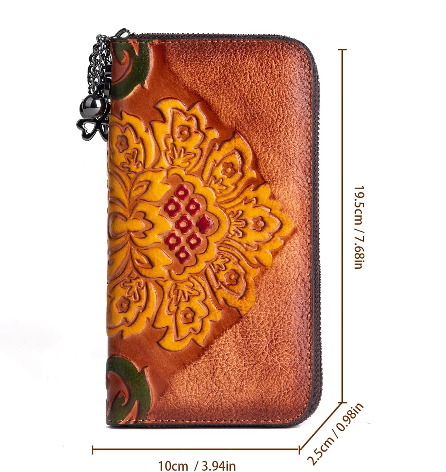 Floral Embossed Leather Wallet showcasing intricate floral patterns and a zipper closure, made from high-quality cowhide leather.
