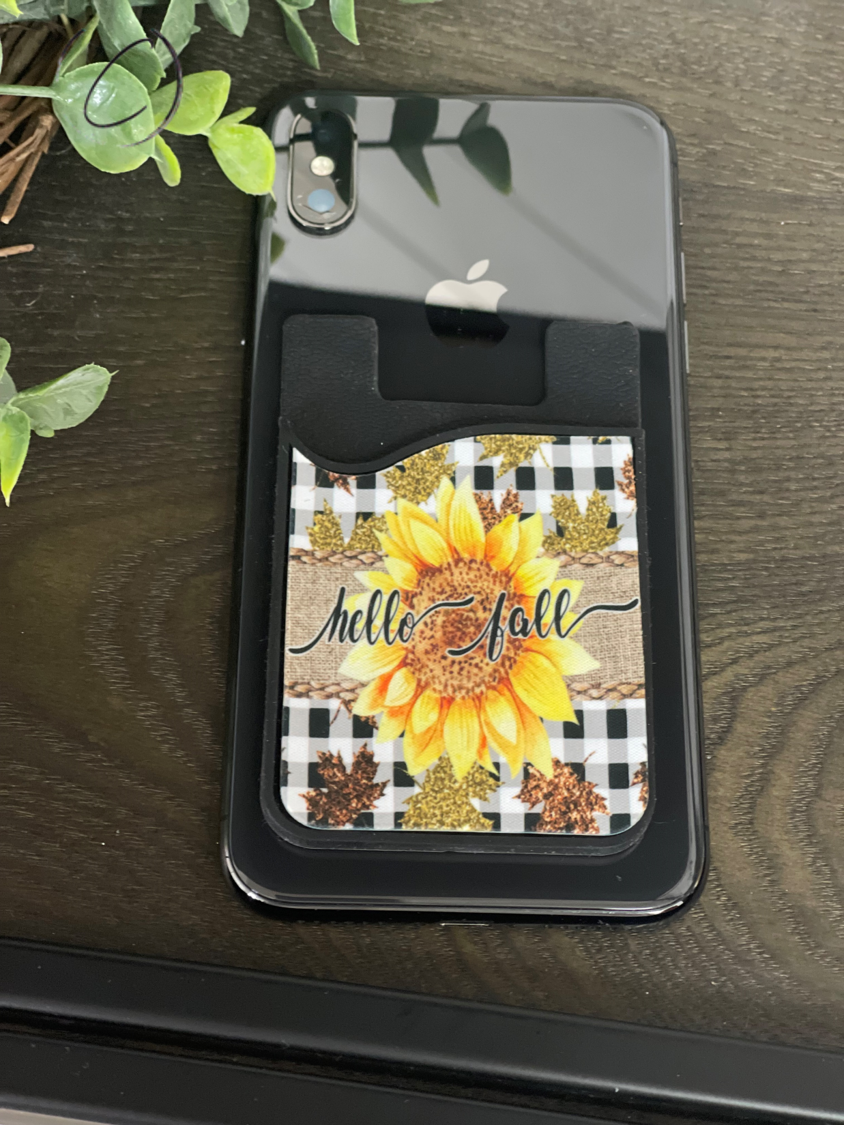 Hello Fall Sunflower Card Caddy Phone Wallet with microfiber screen cleaner, featuring a vibrant sunflower design.