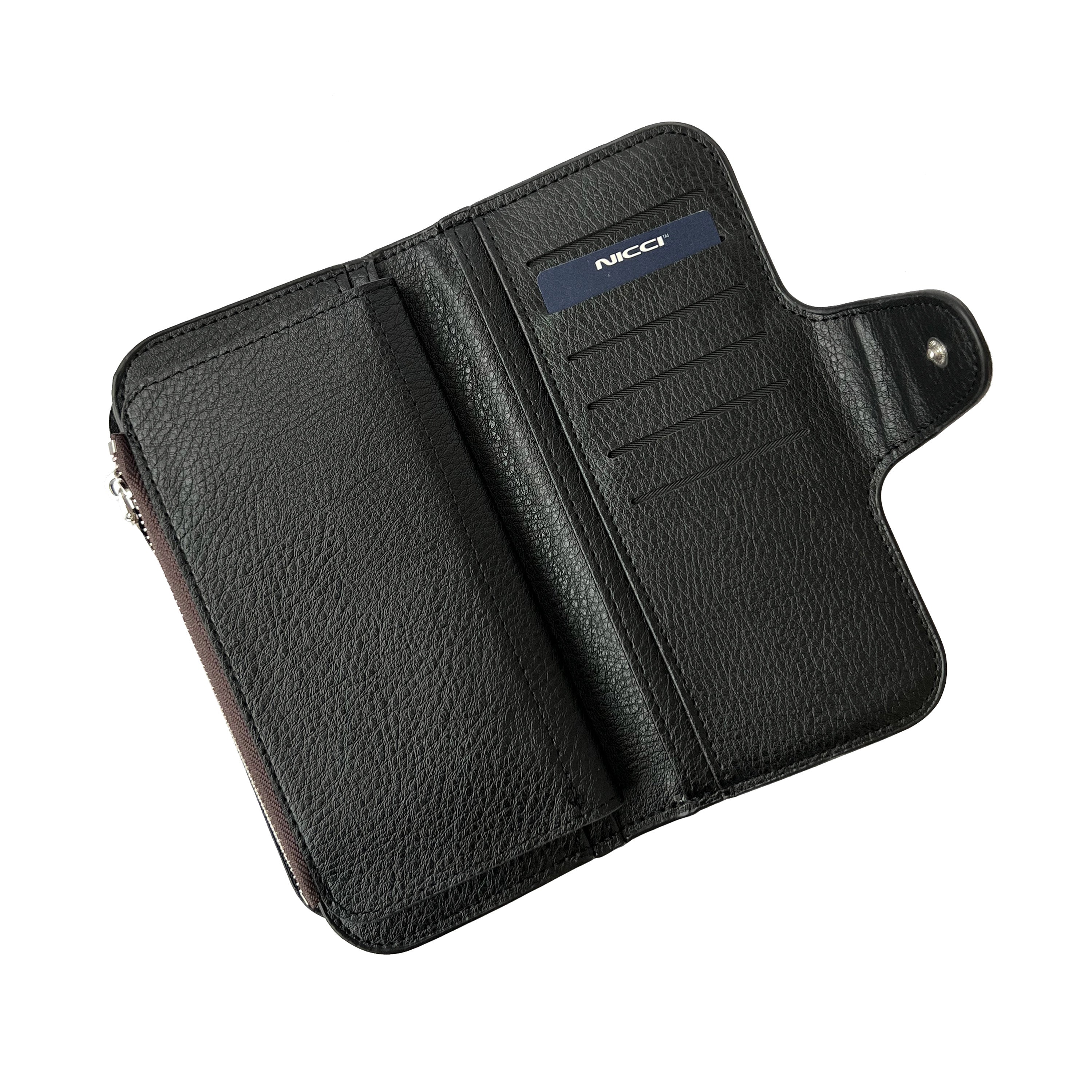 Ladies Clutch Wallet Classic Collection featuring multiple card slots, ID windows, and a zippered coin pocket in a stylish design.