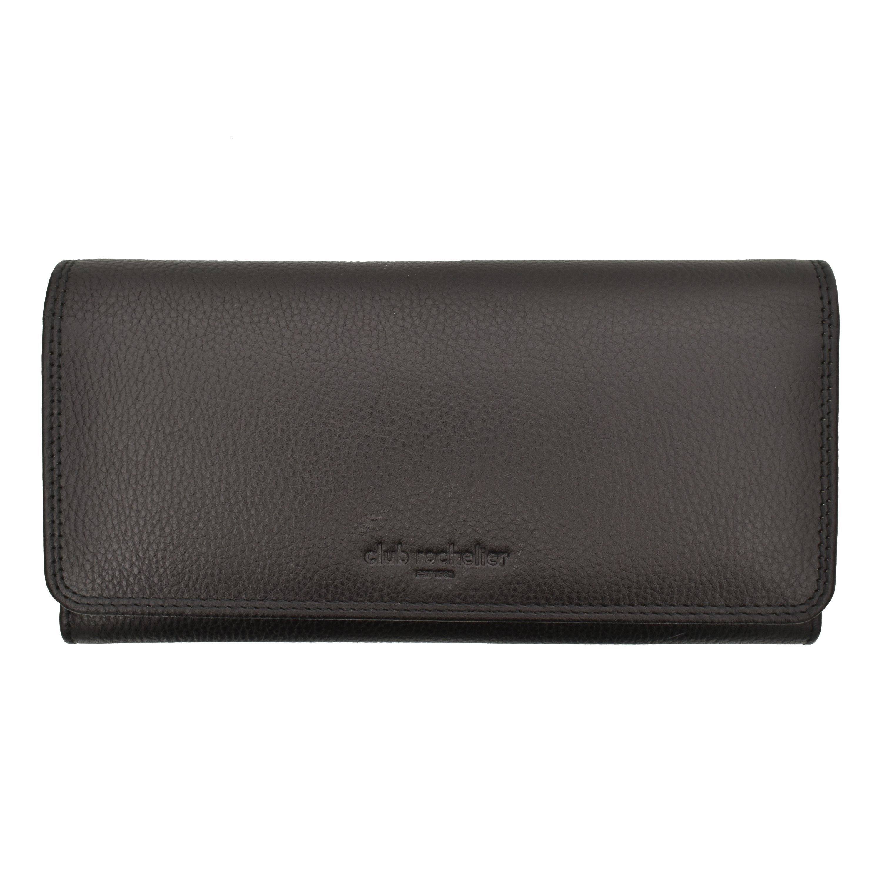 Ladies Clutch Wallet in black and red, featuring a snap closure, multiple credit card slots, and a detachable checkbook holder, made from genuine leather.