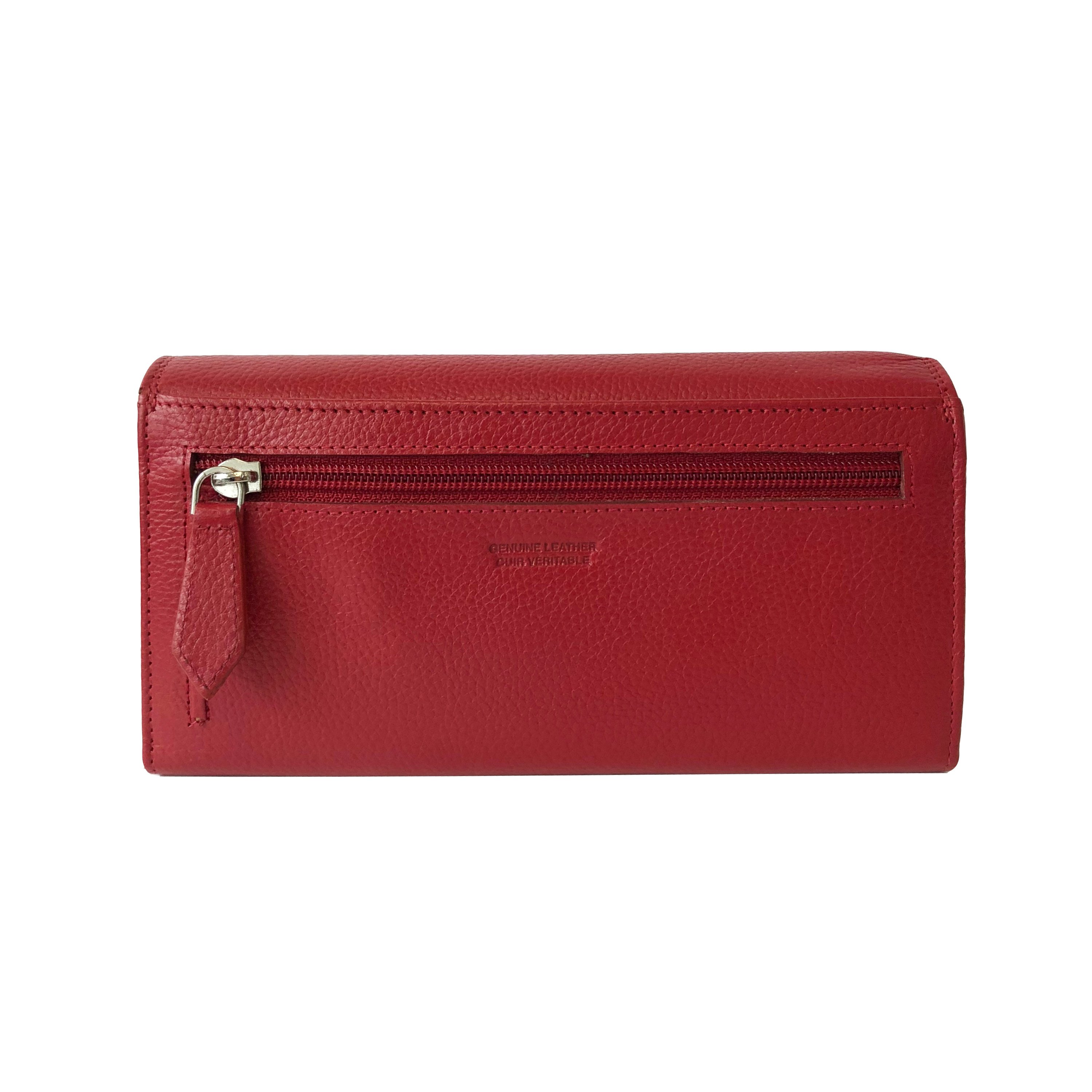Ladies Clutch Wallet in black and red, featuring a snap closure, multiple credit card slots, and a detachable checkbook holder, made from genuine leather.