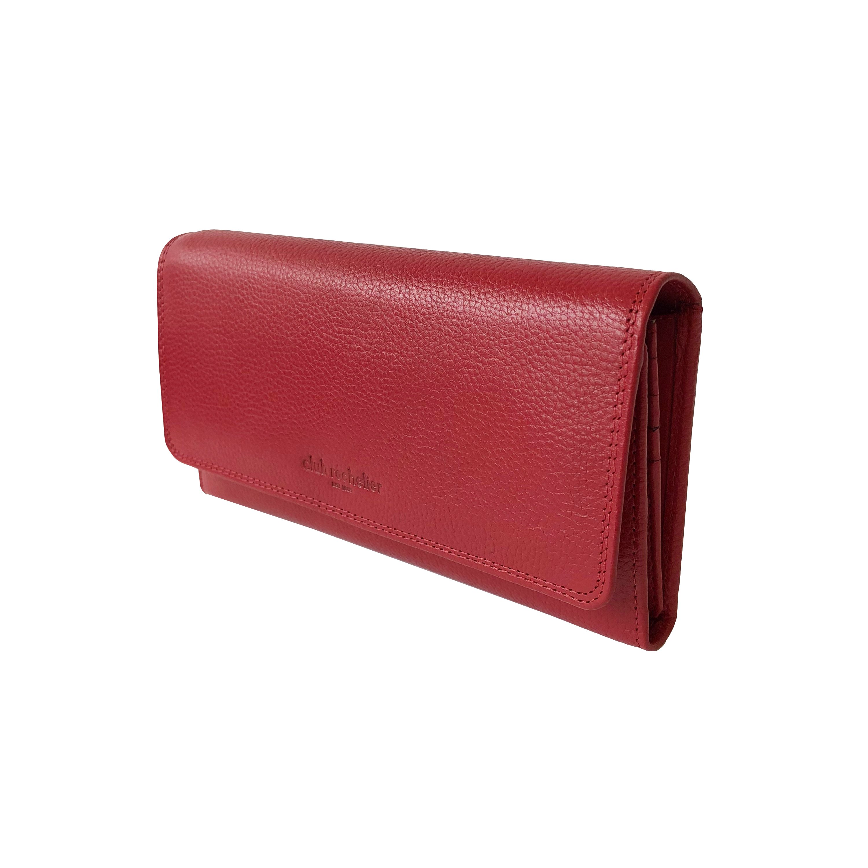 Ladies Clutch Wallet in black and red, featuring a snap closure, multiple credit card slots, and a detachable checkbook holder, made from genuine leather.