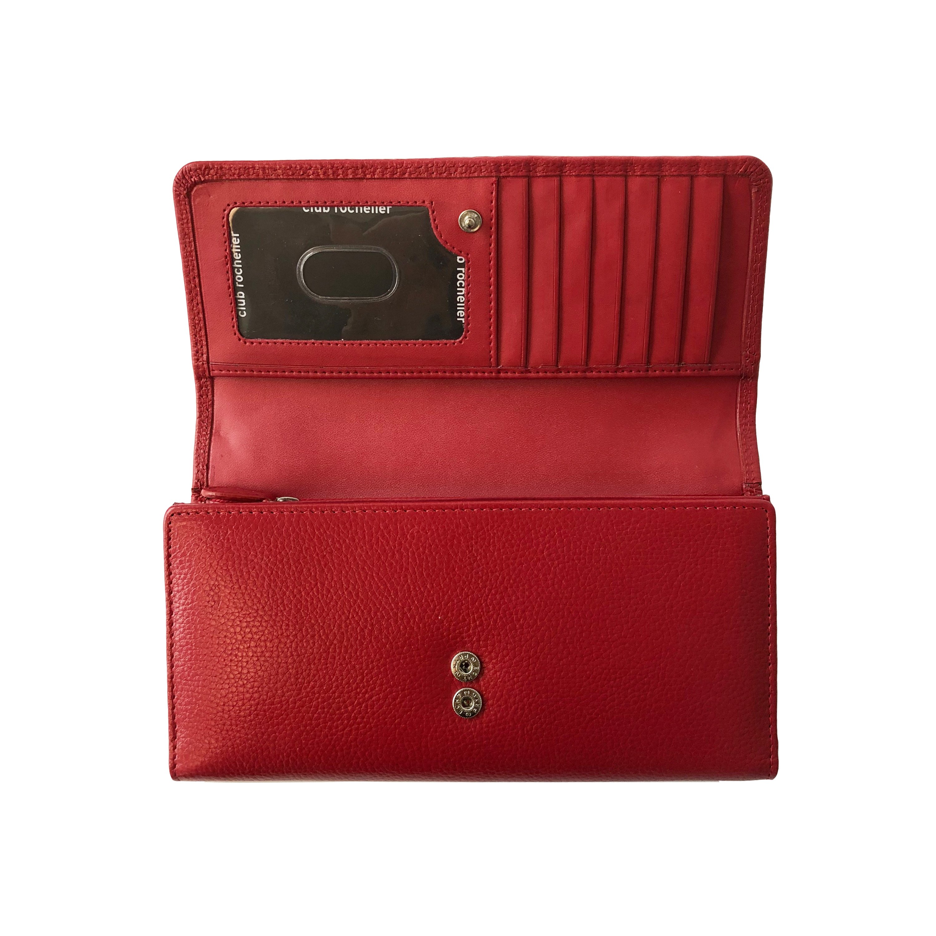 Ladies Clutch Wallet in black and red, featuring a snap closure, multiple credit card slots, and a detachable checkbook holder, made from genuine leather.