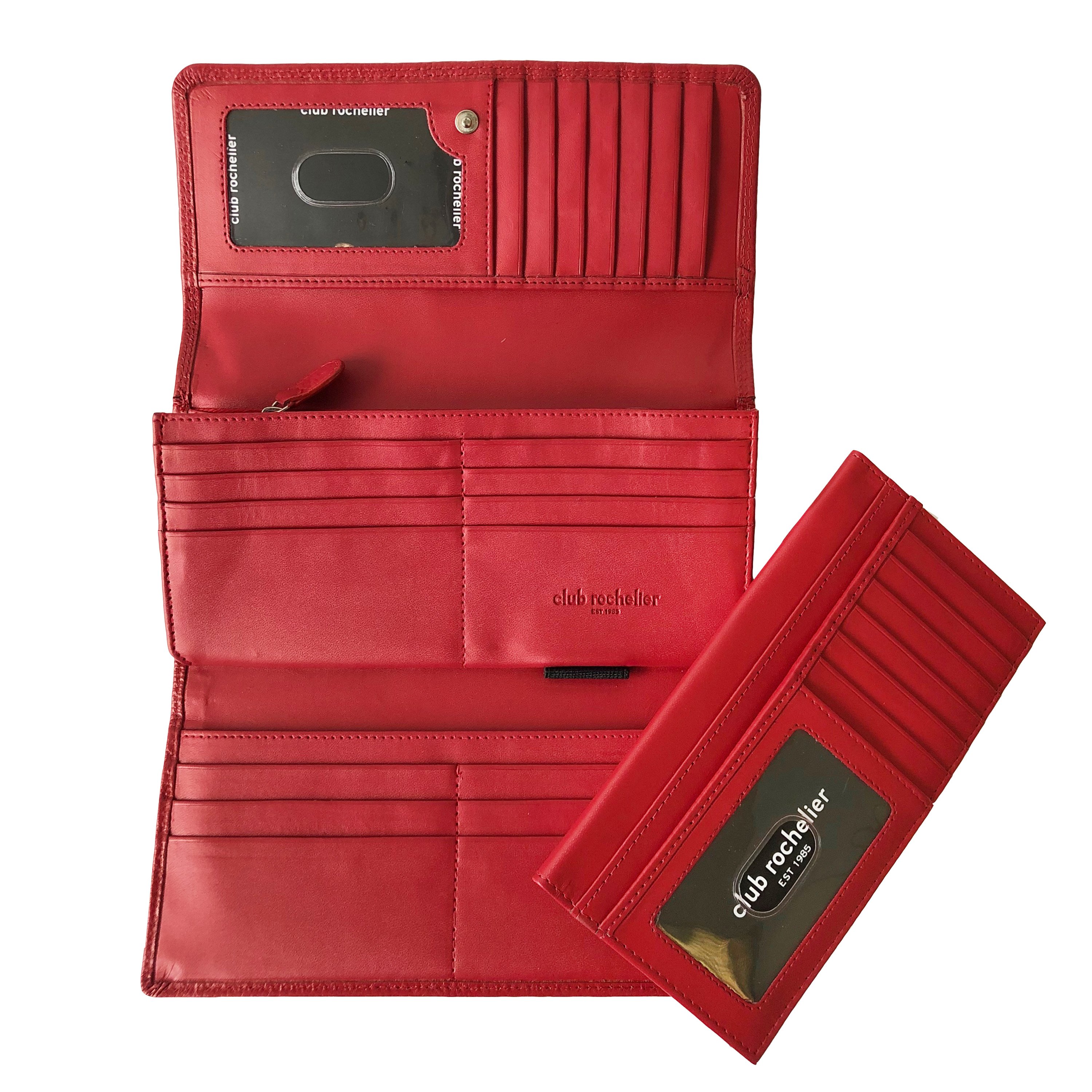 Ladies Clutch Wallet in black and red, featuring a snap closure, multiple credit card slots, and a detachable checkbook holder, made from genuine leather.