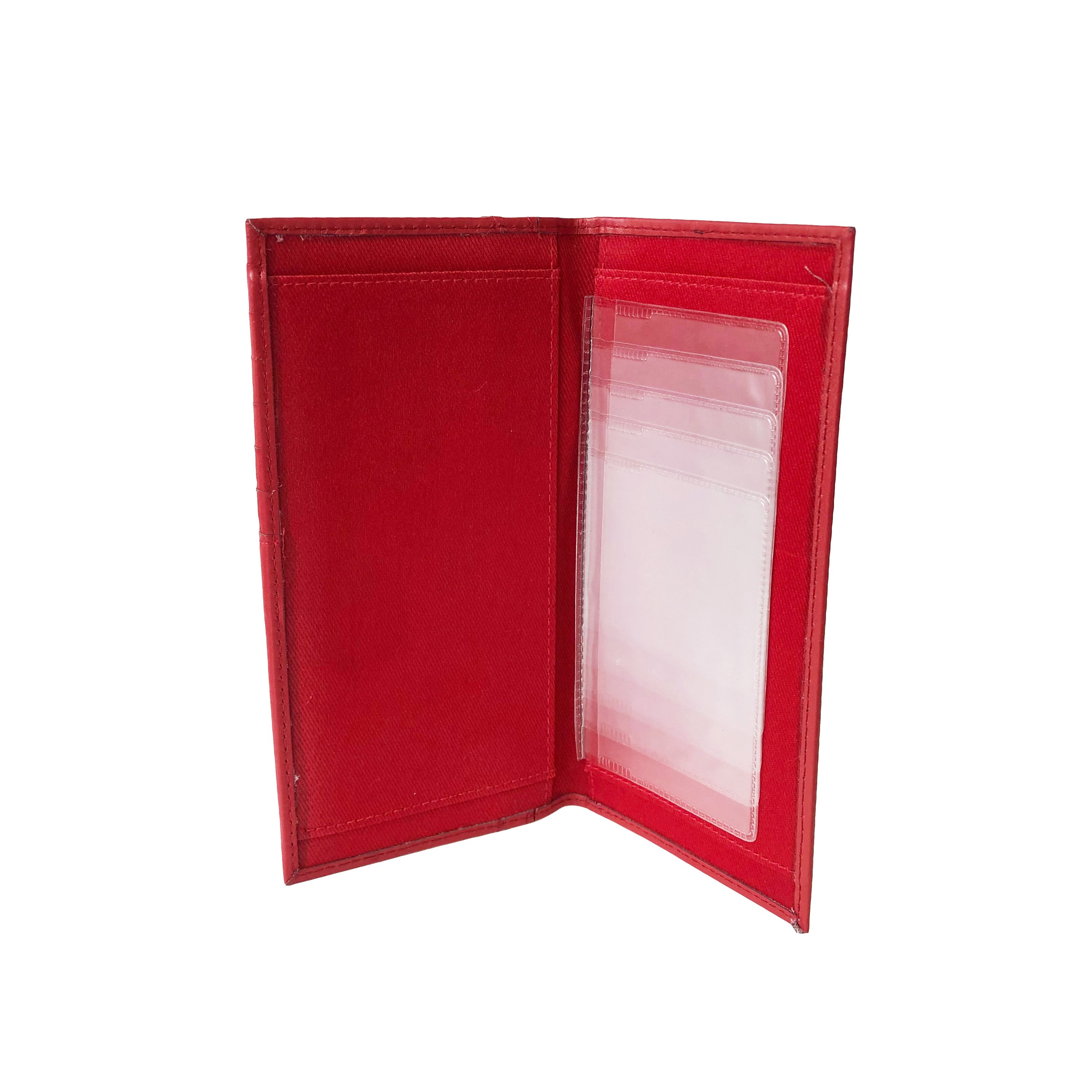 Ladies Clutch Wallet in black and red, featuring a snap closure, multiple credit card slots, and a detachable checkbook holder, made from genuine leather.