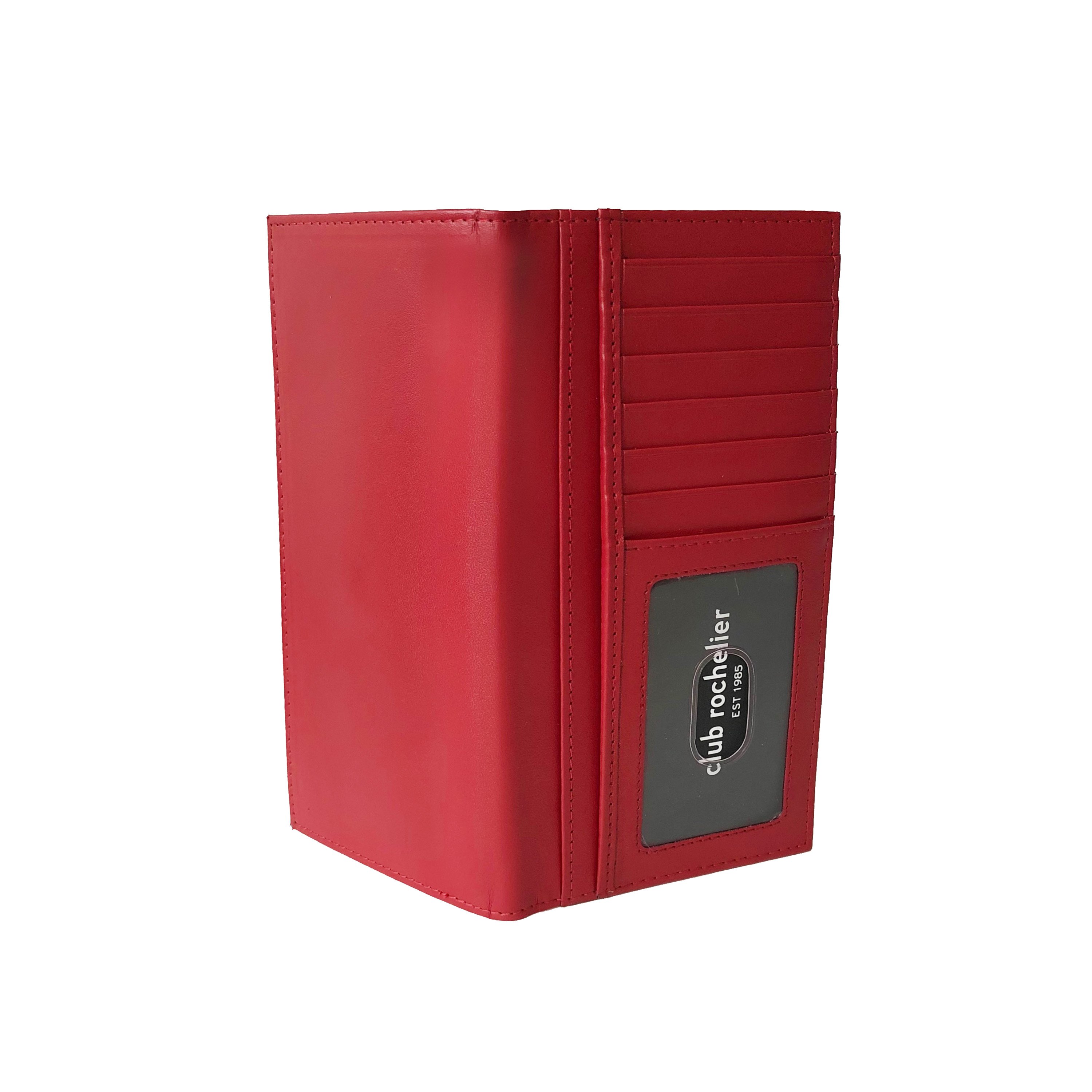 Ladies Clutch Wallet in black and red, featuring a snap closure, multiple credit card slots, and a detachable checkbook holder, made from genuine leather.