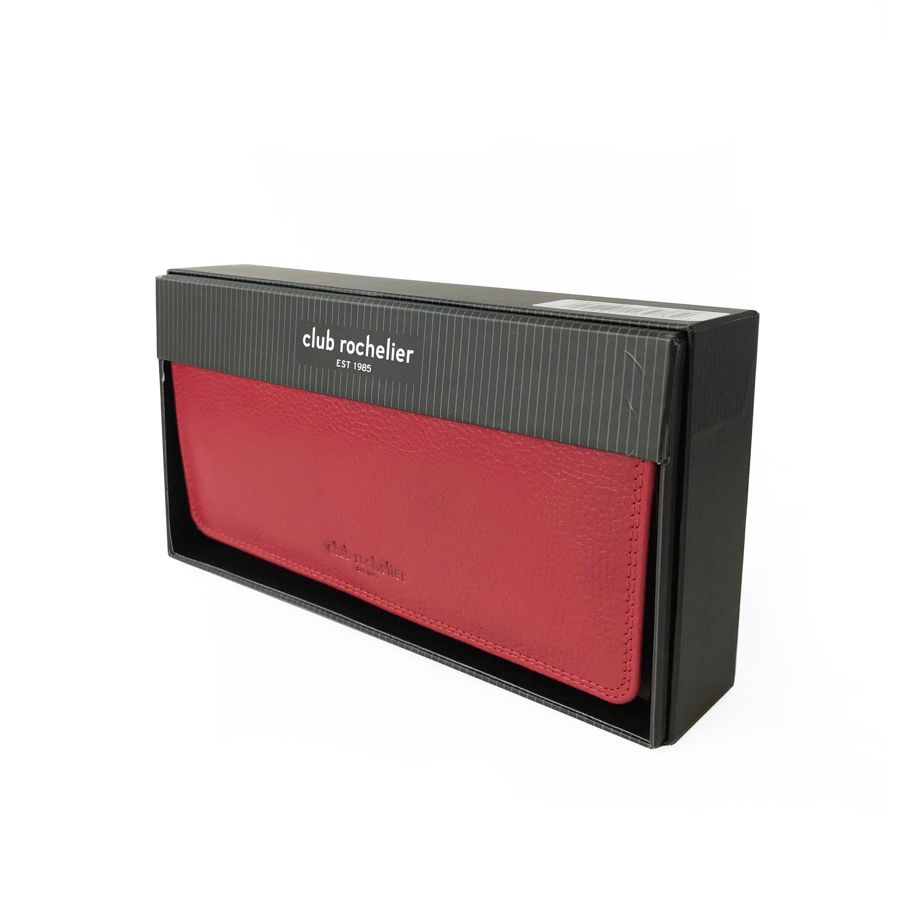 Ladies Clutch Wallet in black and red, featuring a snap closure, multiple credit card slots, and a detachable checkbook holder, made from genuine leather.