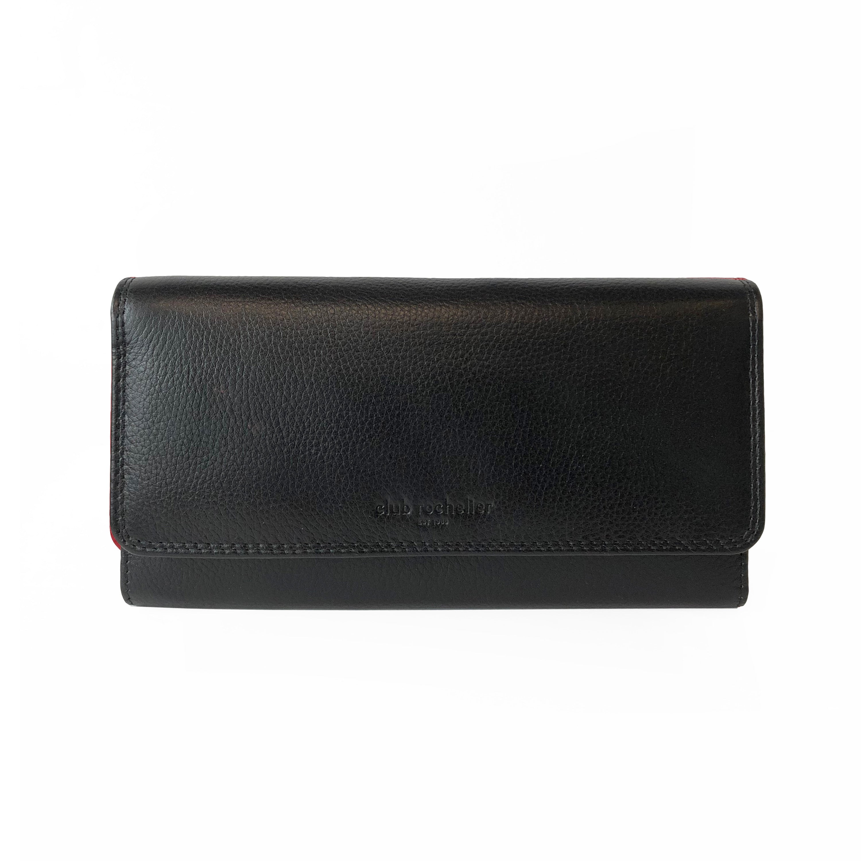 Ladies Clutch Wallet in black and red, featuring a snap closure, multiple credit card slots, and a detachable checkbook holder, made from genuine leather.