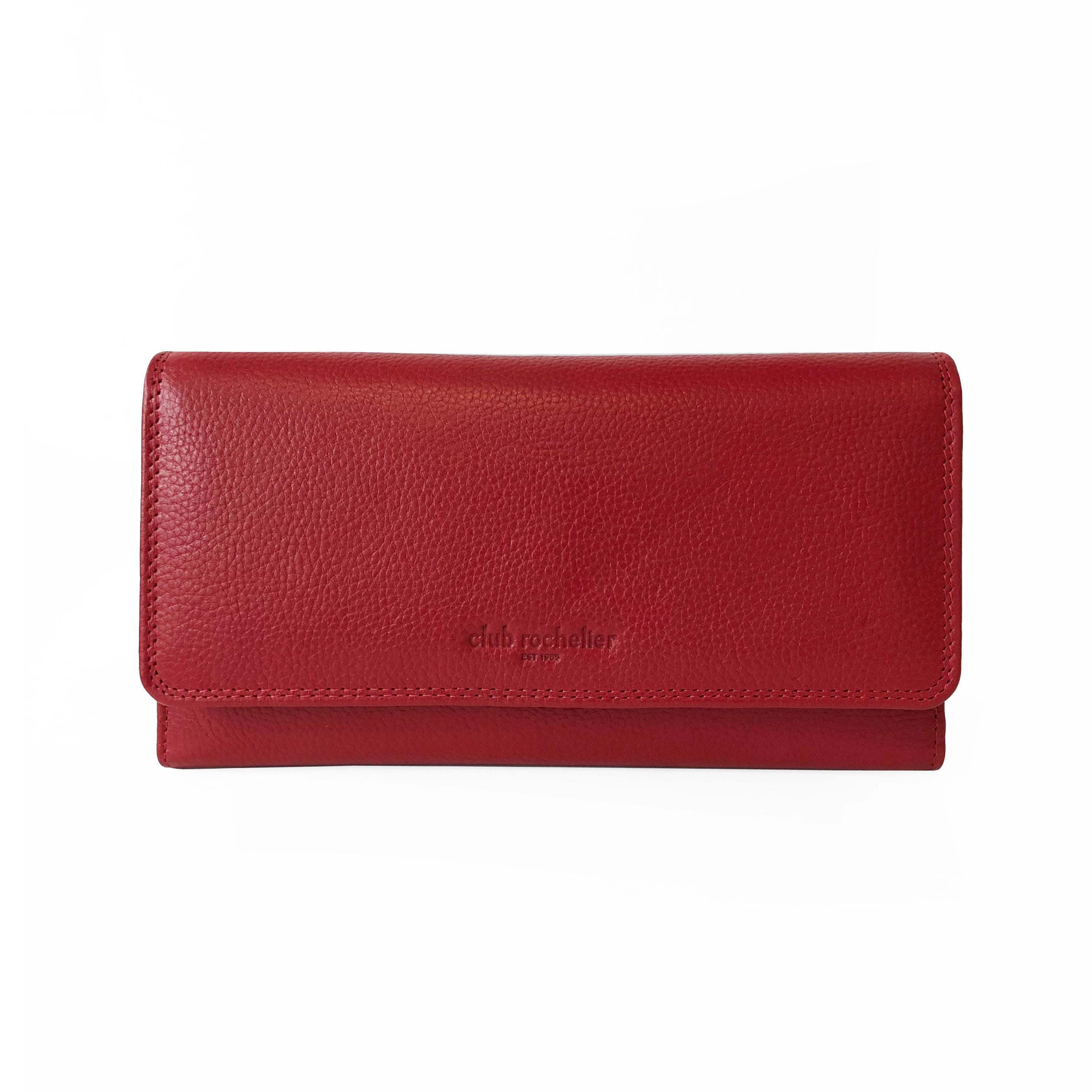 Ladies Clutch Wallet in black and red, featuring a snap closure, multiple credit card slots, and a detachable checkbook holder, made from genuine leather.