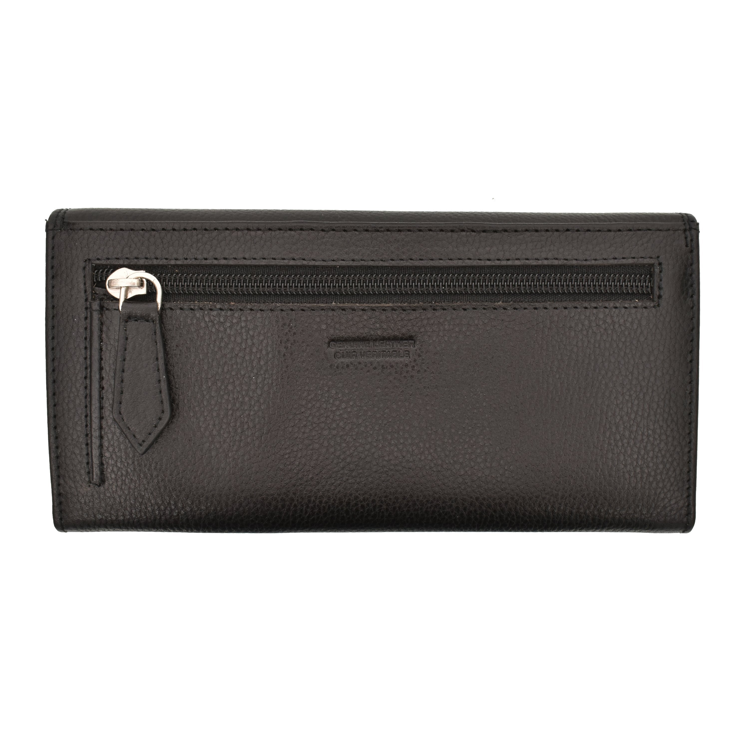 Ladies Clutch Wallet in black and red, featuring a snap closure, multiple credit card slots, and a detachable checkbook holder, made from genuine leather.