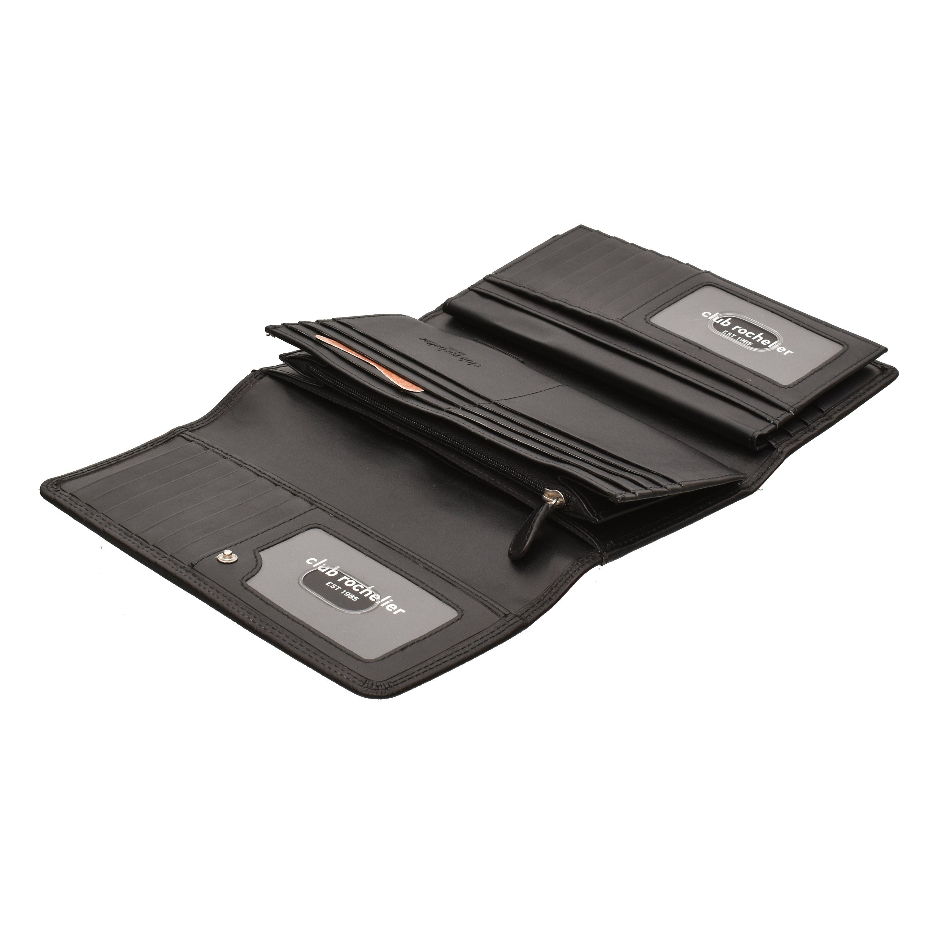 Ladies Clutch Wallet in black and red, featuring a snap closure, multiple credit card slots, and a detachable checkbook holder, made from genuine leather.