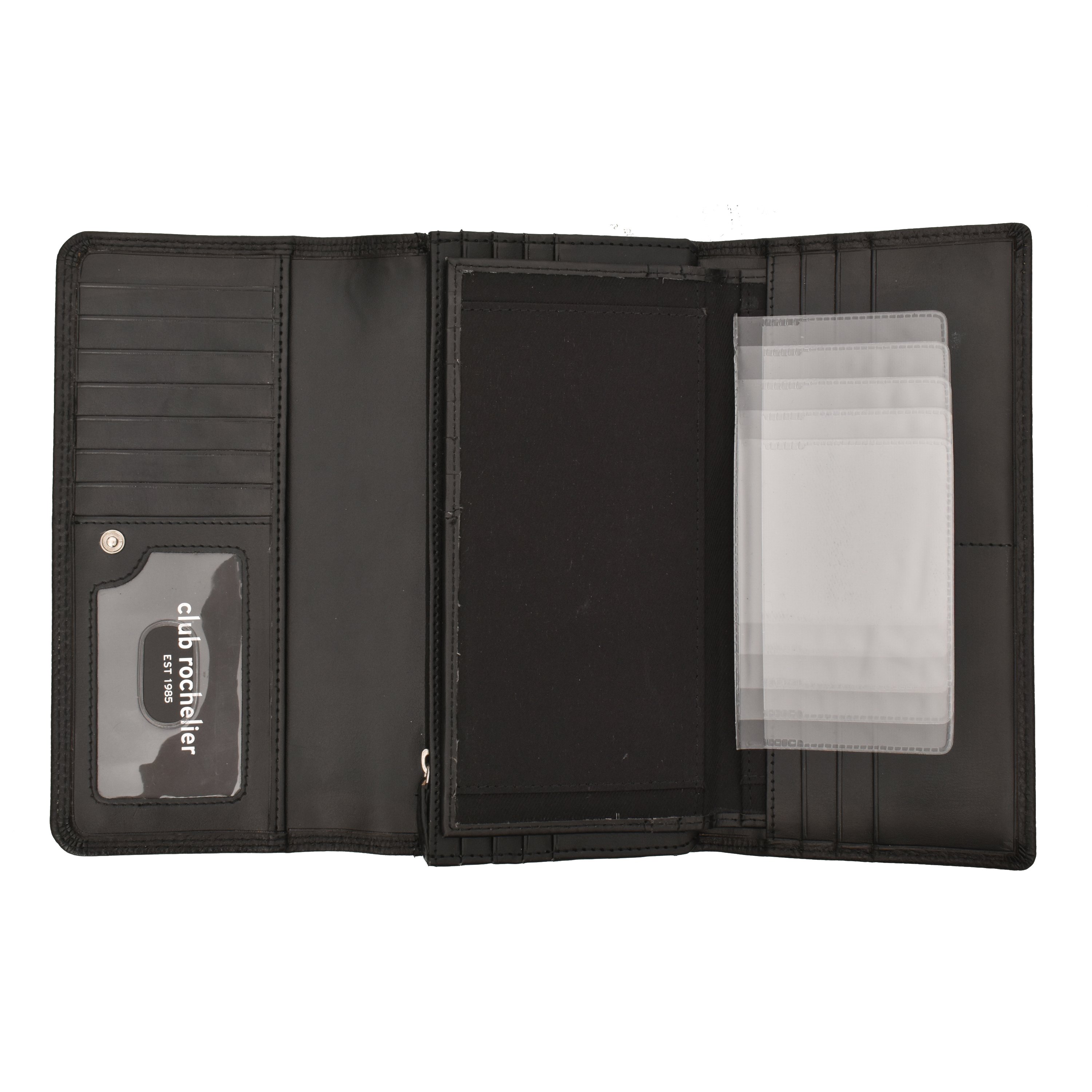 Ladies Clutch Wallet in black and red, featuring a snap closure, multiple credit card slots, and a detachable checkbook holder, made from genuine leather.