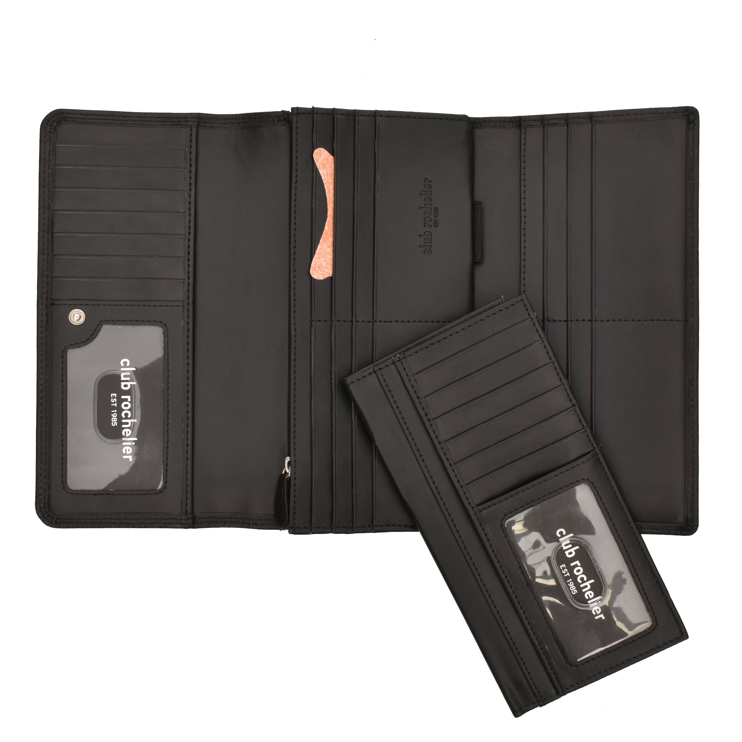 Ladies Clutch Wallet in black and red, featuring a snap closure, multiple credit card slots, and a detachable checkbook holder, made from genuine leather.