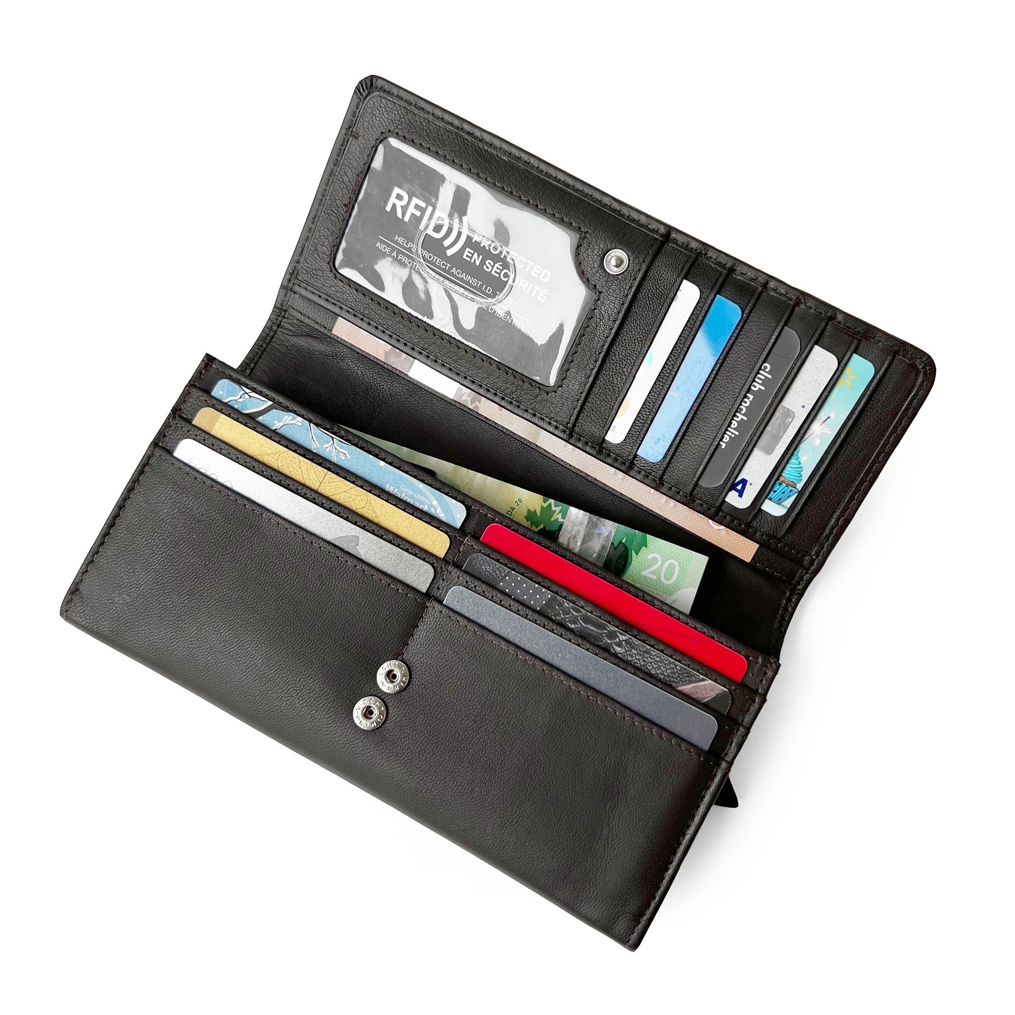 Ladies Expander Clutch Wallet featuring RFID protection, multiple card slots, and a stylish design.