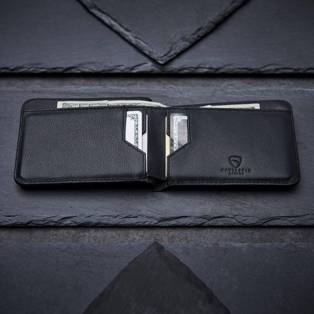 MANHATTAN Wallet made of top grain Italian leather, showcasing its sleek design and RFID-blocking technology.