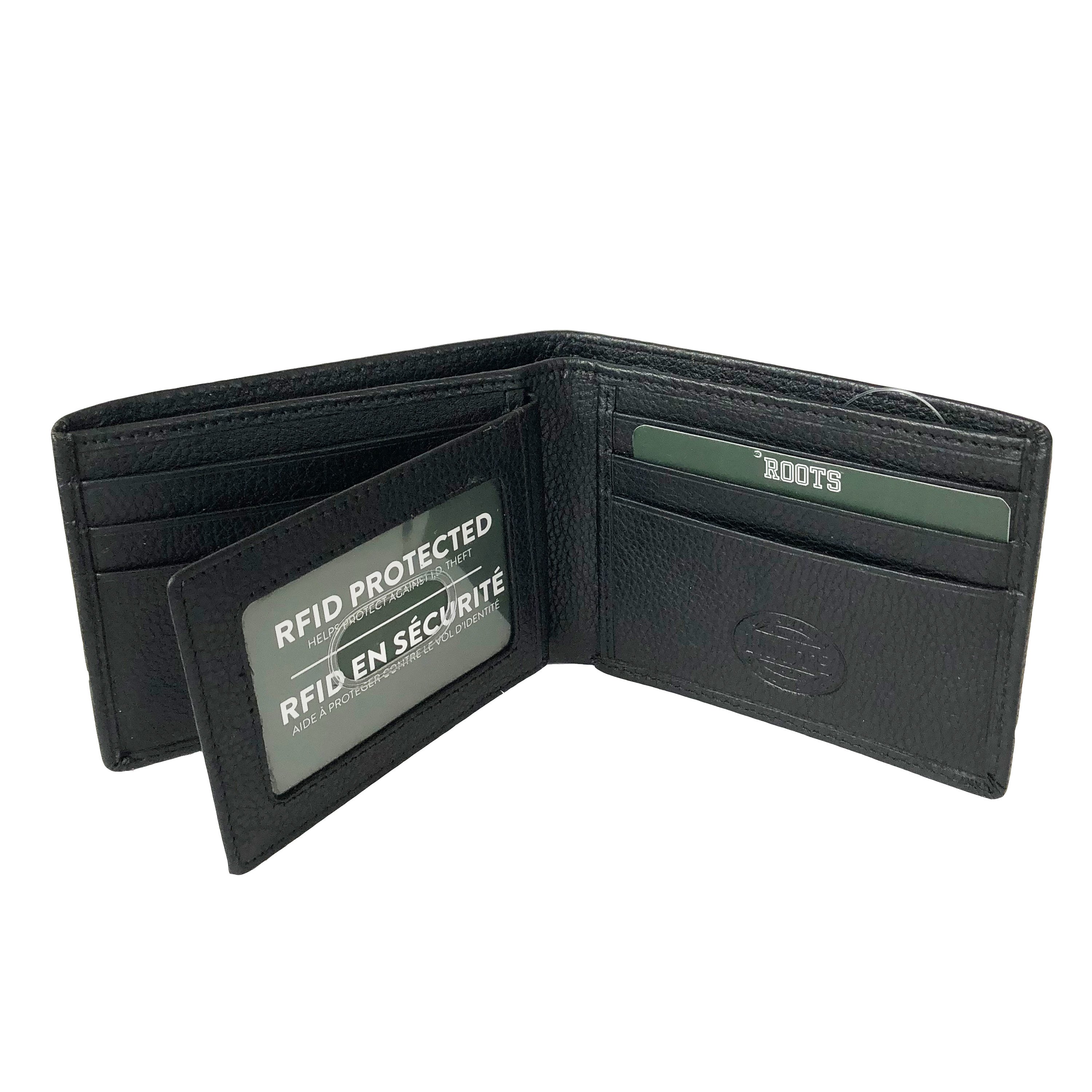 Men's Leather Slimfold Wallet with Removable Passcase, featuring genuine milled leather, multiple card slots, and RFID protection.