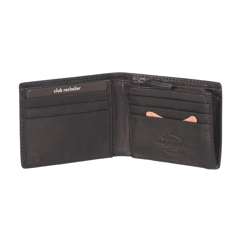 Men's Slim Full Leather Wallet with Zippered Pocket showcasing its sleek design and RFID protection features.