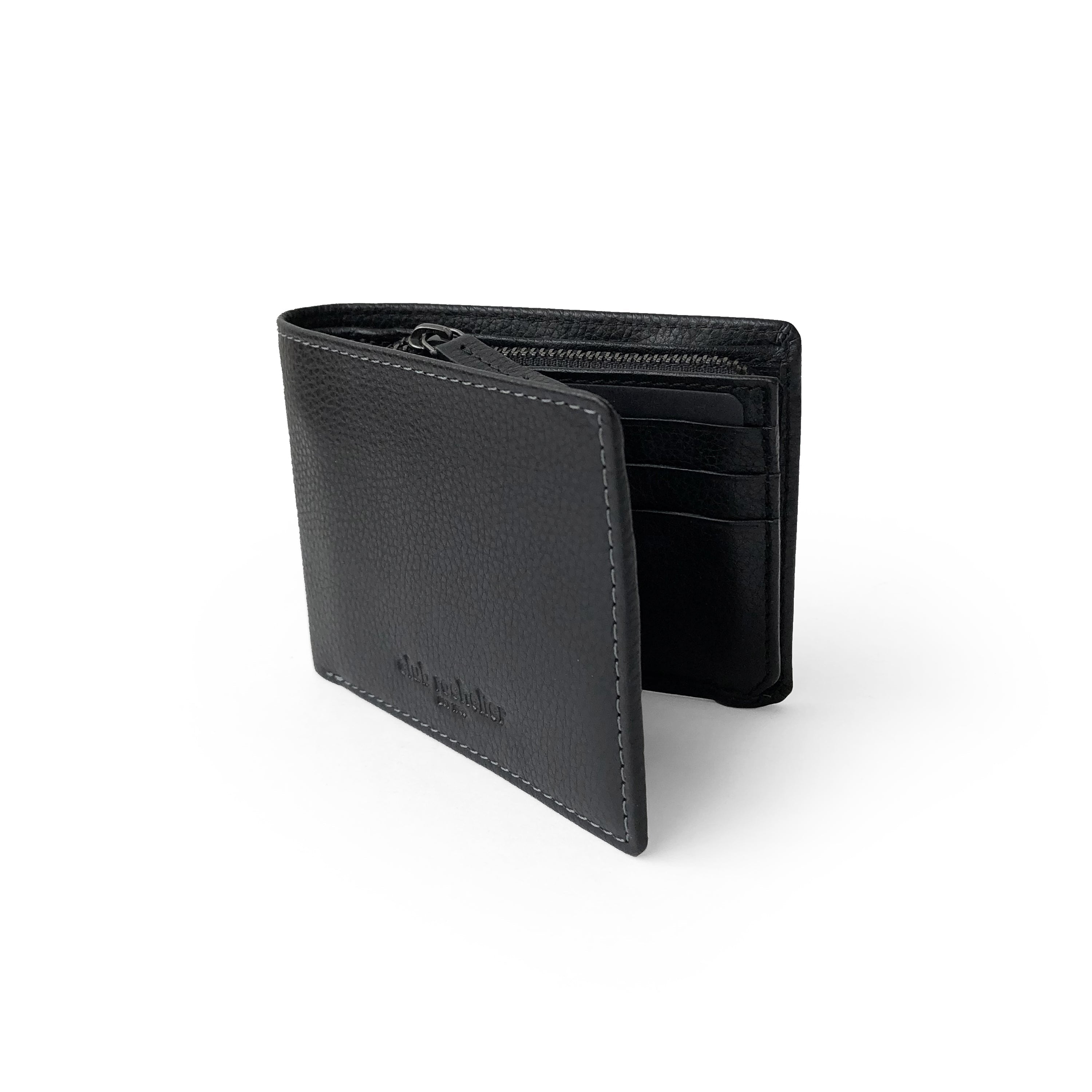 Men's Slim Full Leather Wallet with Zippered Pocket showcasing its sleek design and RFID protection features.