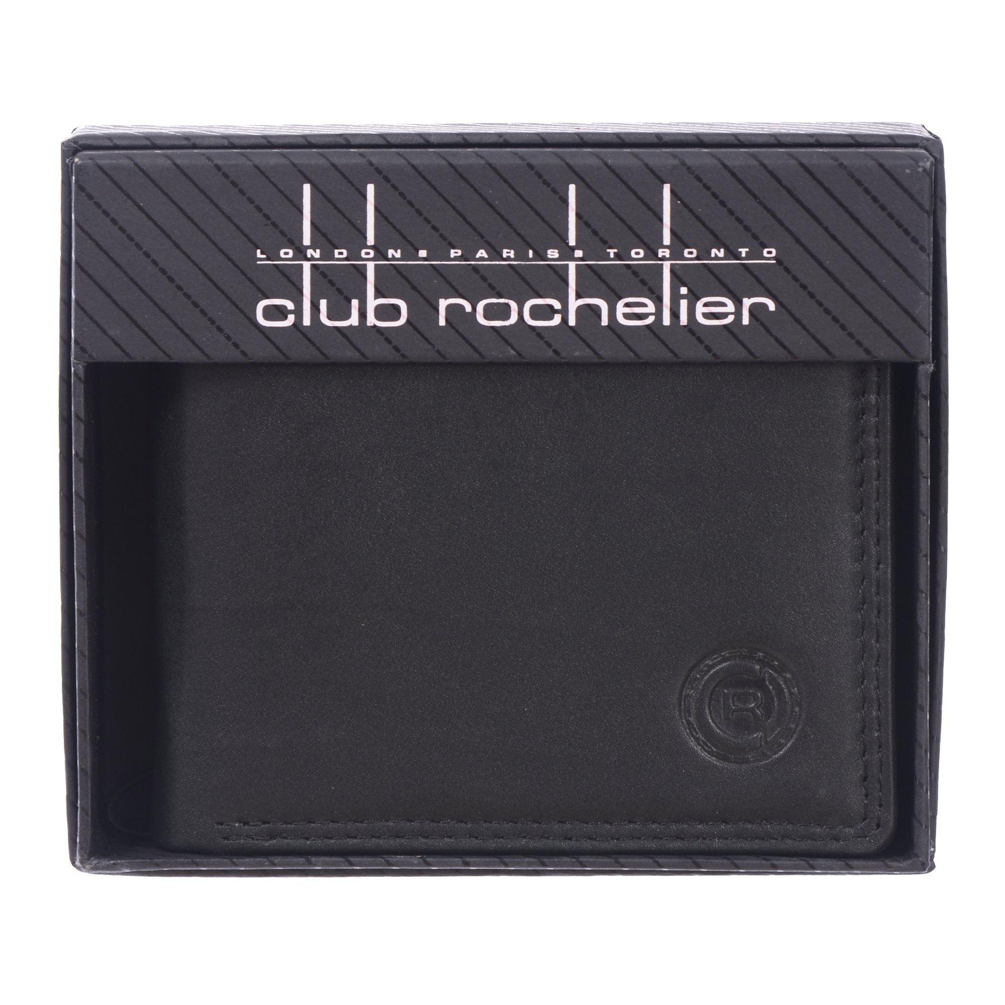 Men's Slimfold Wallet with Center Wing featuring 15 credit card slots, ID window, and a glossy finish, embossed with Club Rochelier logo.
