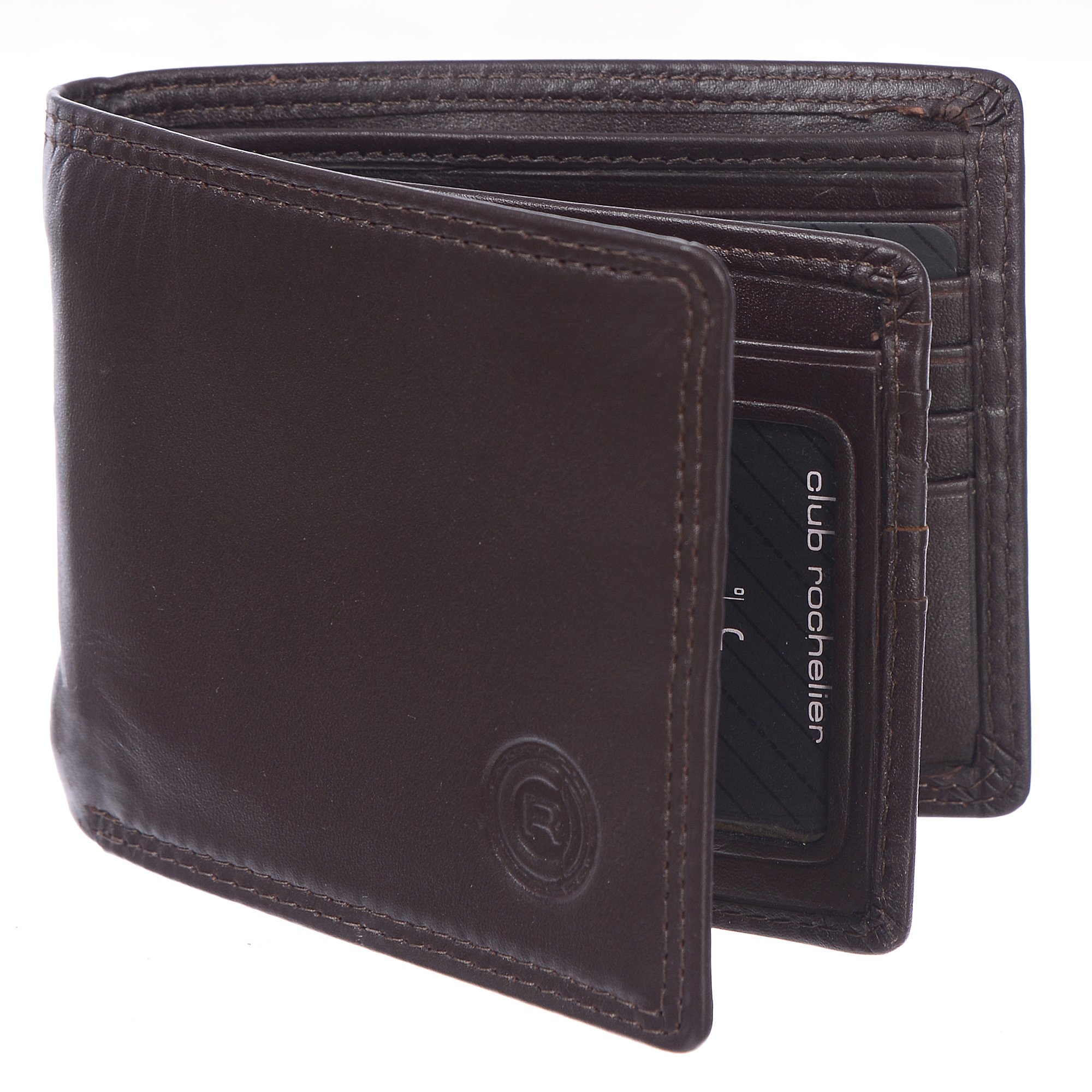 Men's Slimfold Wallet with Center Wing featuring 15 credit card slots, ID window, and a glossy finish, embossed with Club Rochelier logo.
