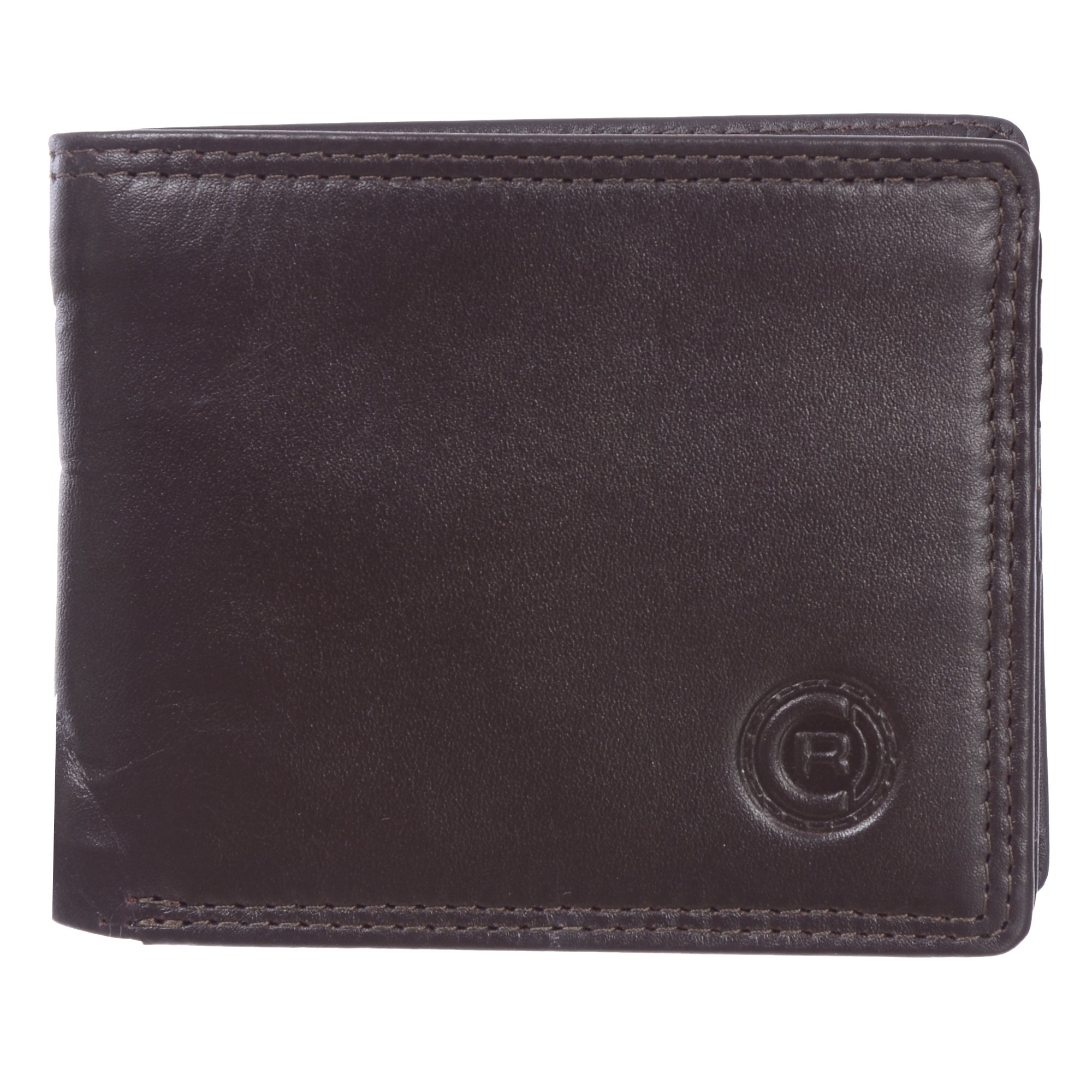 Men's Slimfold Wallet with Center Wing featuring 15 credit card slots, ID window, and a glossy finish, embossed with Club Rochelier logo.