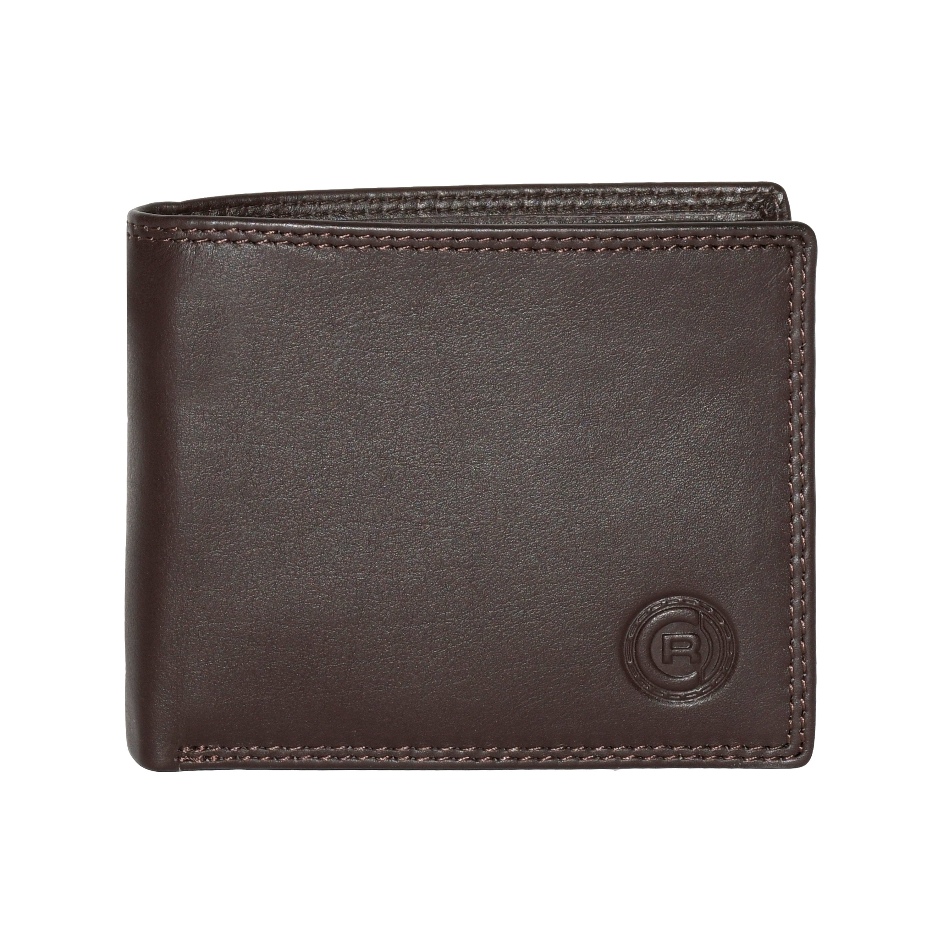 Men's Slimfold Wallet with Center Wing featuring 15 credit card slots, ID window, and a glossy finish, embossed with Club Rochelier logo.