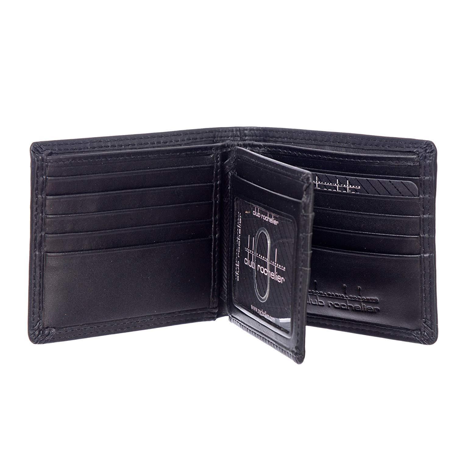 Men's Slimfold Wallet with Center Wing featuring 15 credit card slots, ID window, and a glossy finish, embossed with Club Rochelier logo.