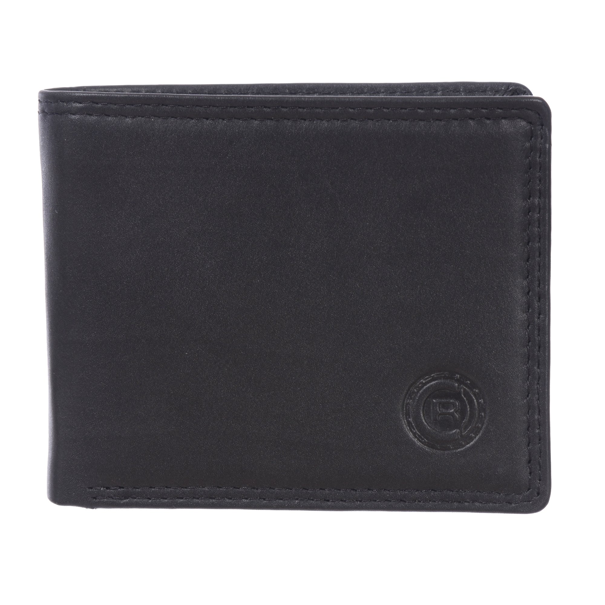 Men's Slimfold Wallet with Center Wing featuring 15 credit card slots, ID window, and a glossy finish, embossed with Club Rochelier logo.