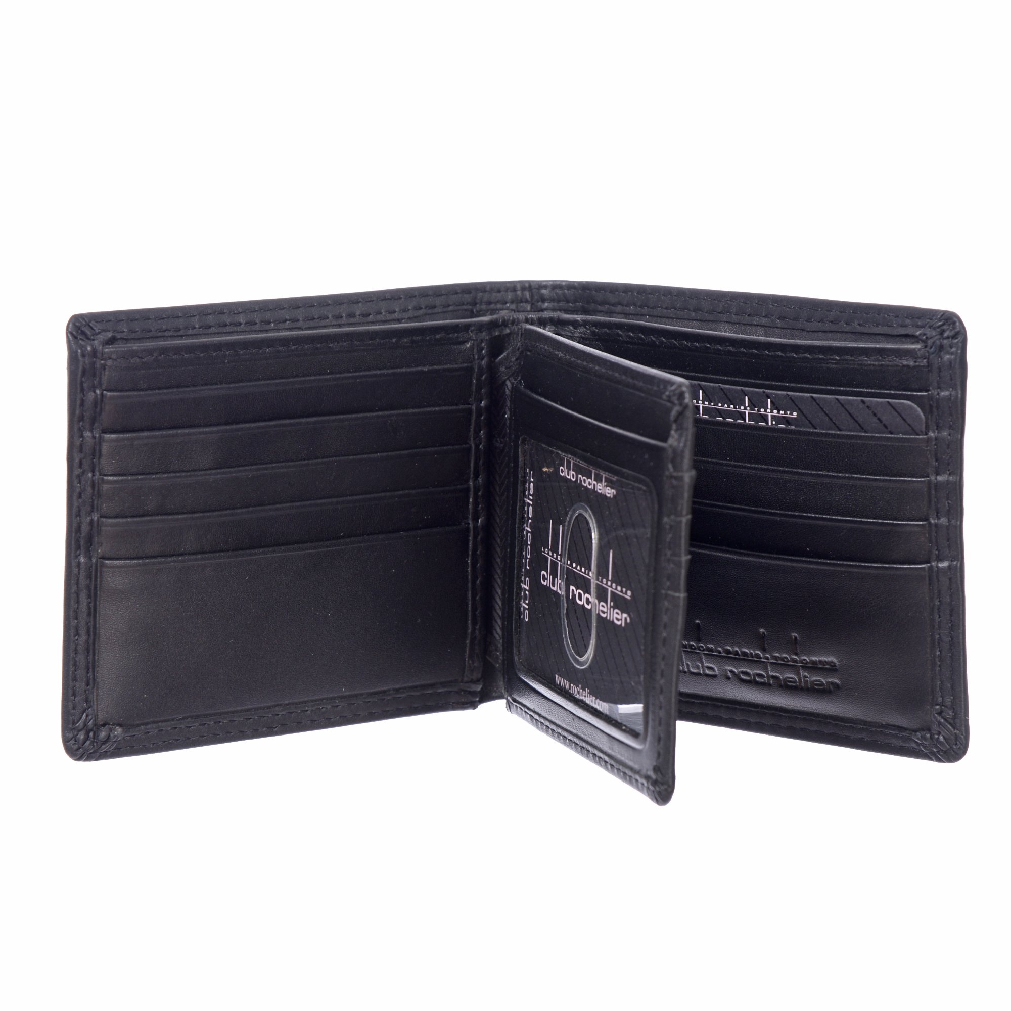 Men's Slimfold Wallet with Center Wing featuring 15 credit card slots, ID window, and a glossy finish, embossed with Club Rochelier logo.