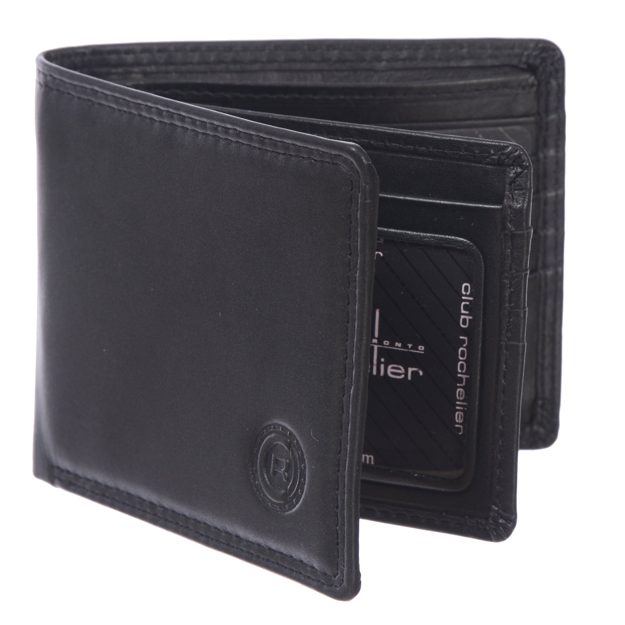 Men's Slimfold Wallet with Center Wing featuring 15 credit card slots, ID window, and a glossy finish, embossed with Club Rochelier logo.