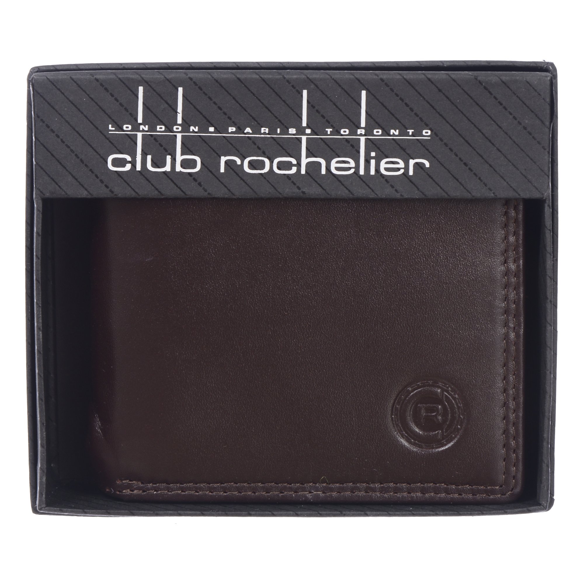 Men's Slimfold Wallet with Center Wing featuring 15 credit card slots, ID window, and a glossy finish, embossed with Club Rochelier logo.