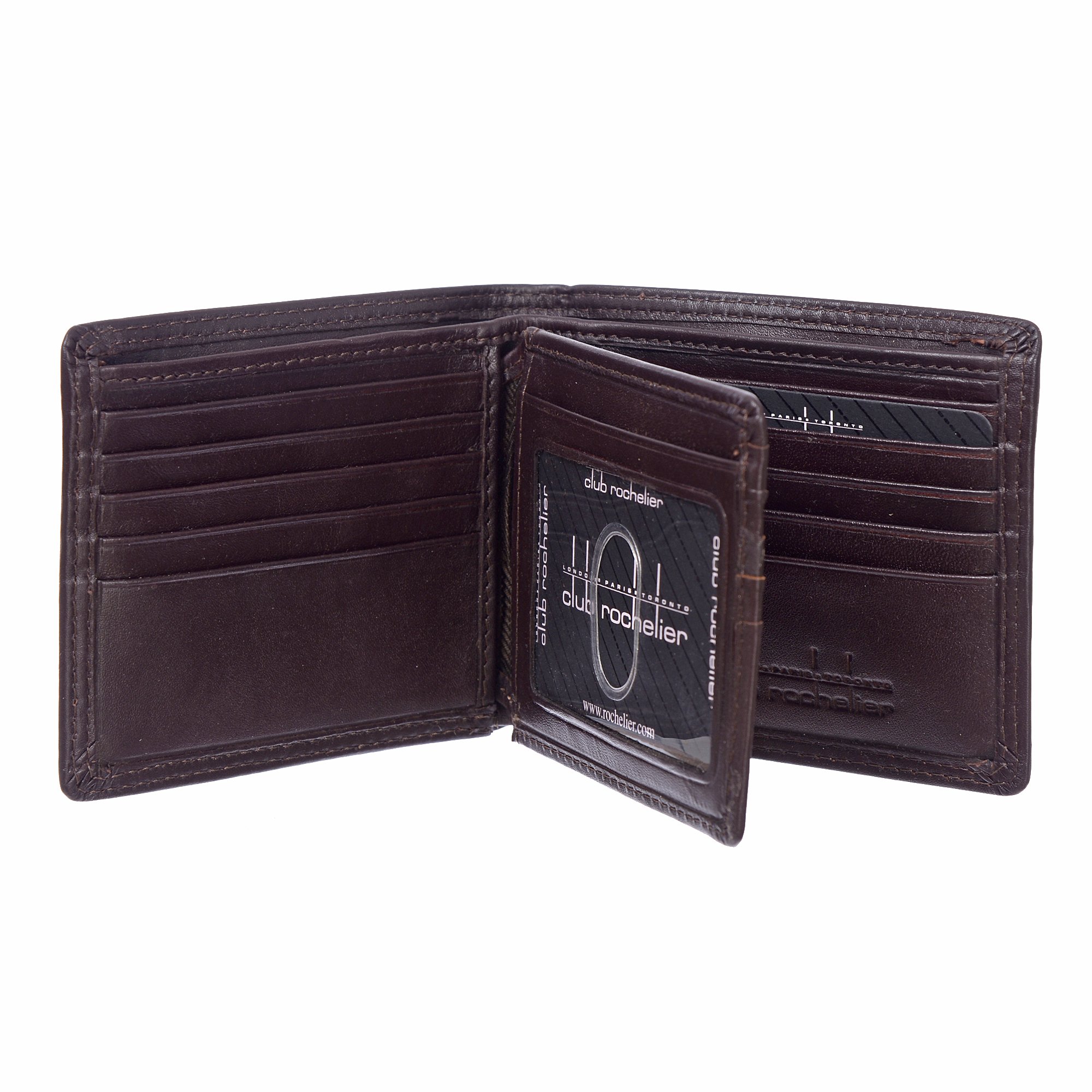 Men's Slimfold Wallet with Center Wing featuring 15 credit card slots, ID window, and a glossy finish, embossed with Club Rochelier logo.