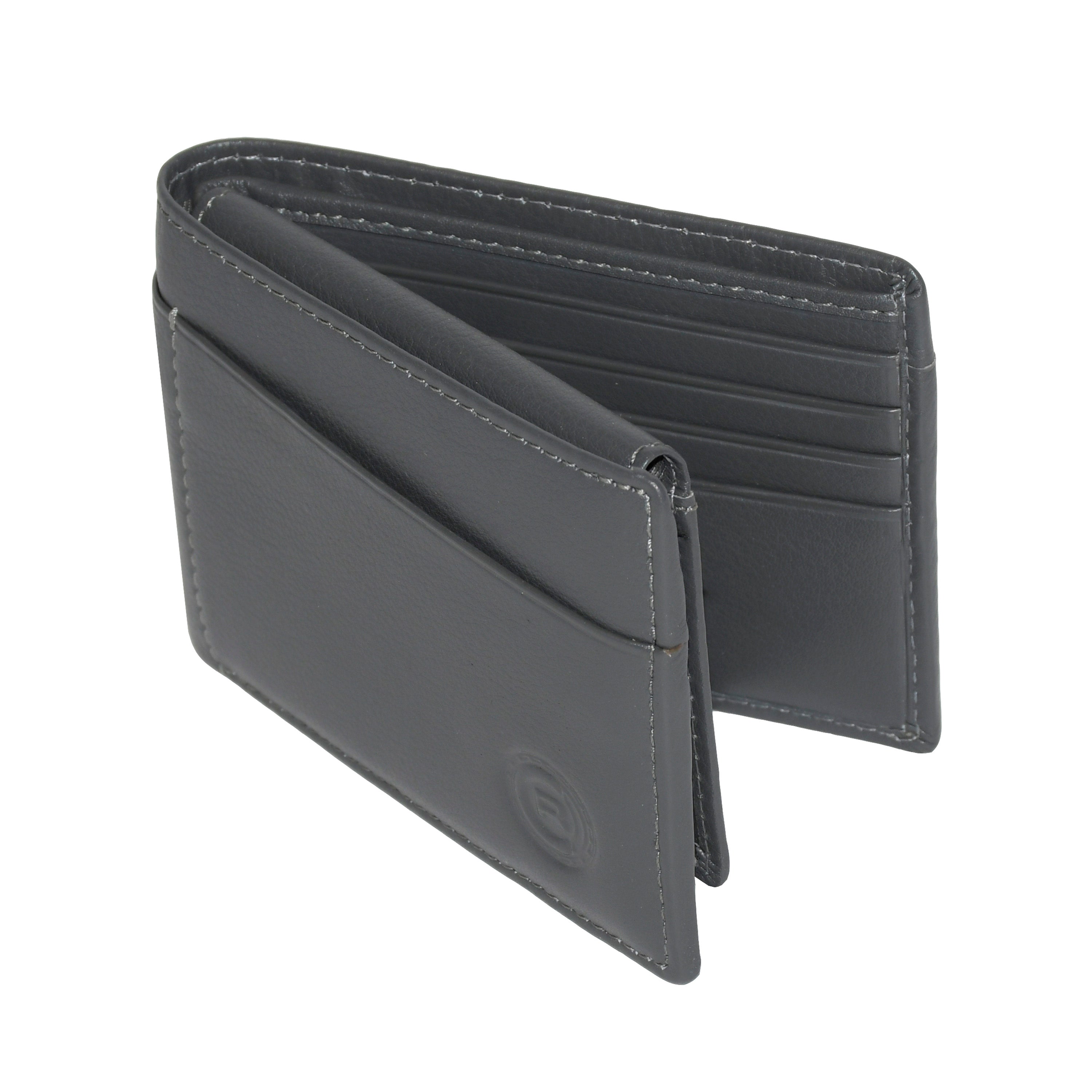 Men's Slimfold Wallet in genuine leather with removable ID, featuring multiple card slots and RFID protection.