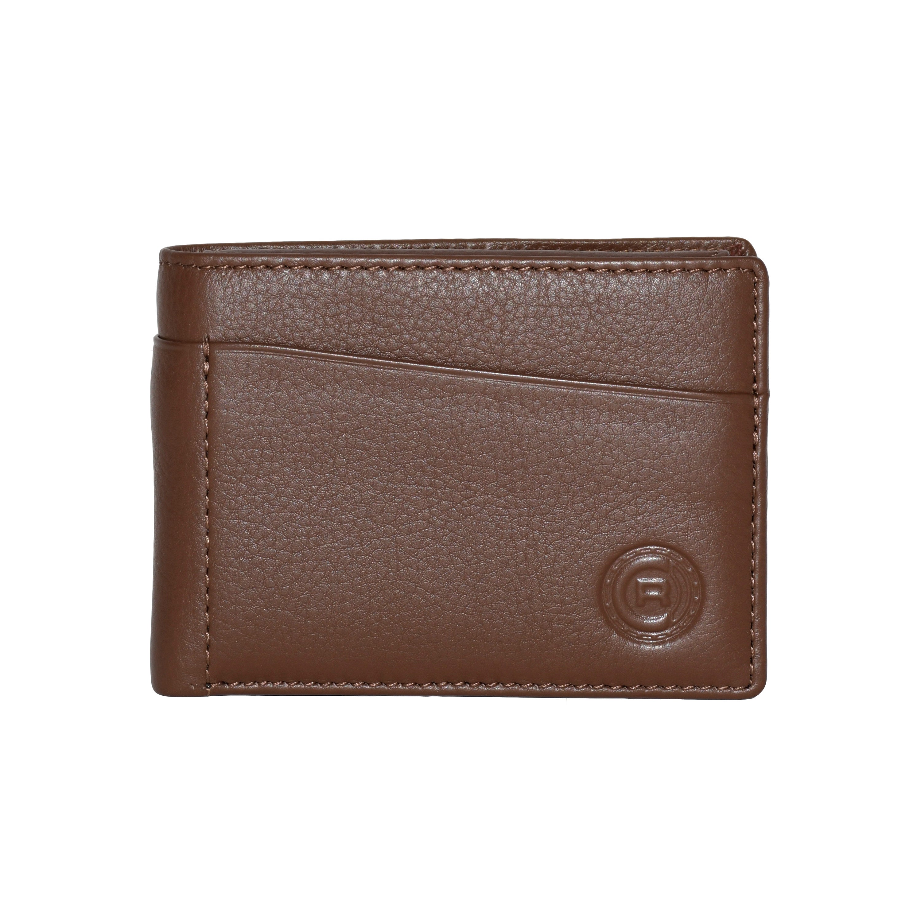 Men's Slimfold Wallet in genuine leather with removable ID, featuring multiple card slots and RFID protection.