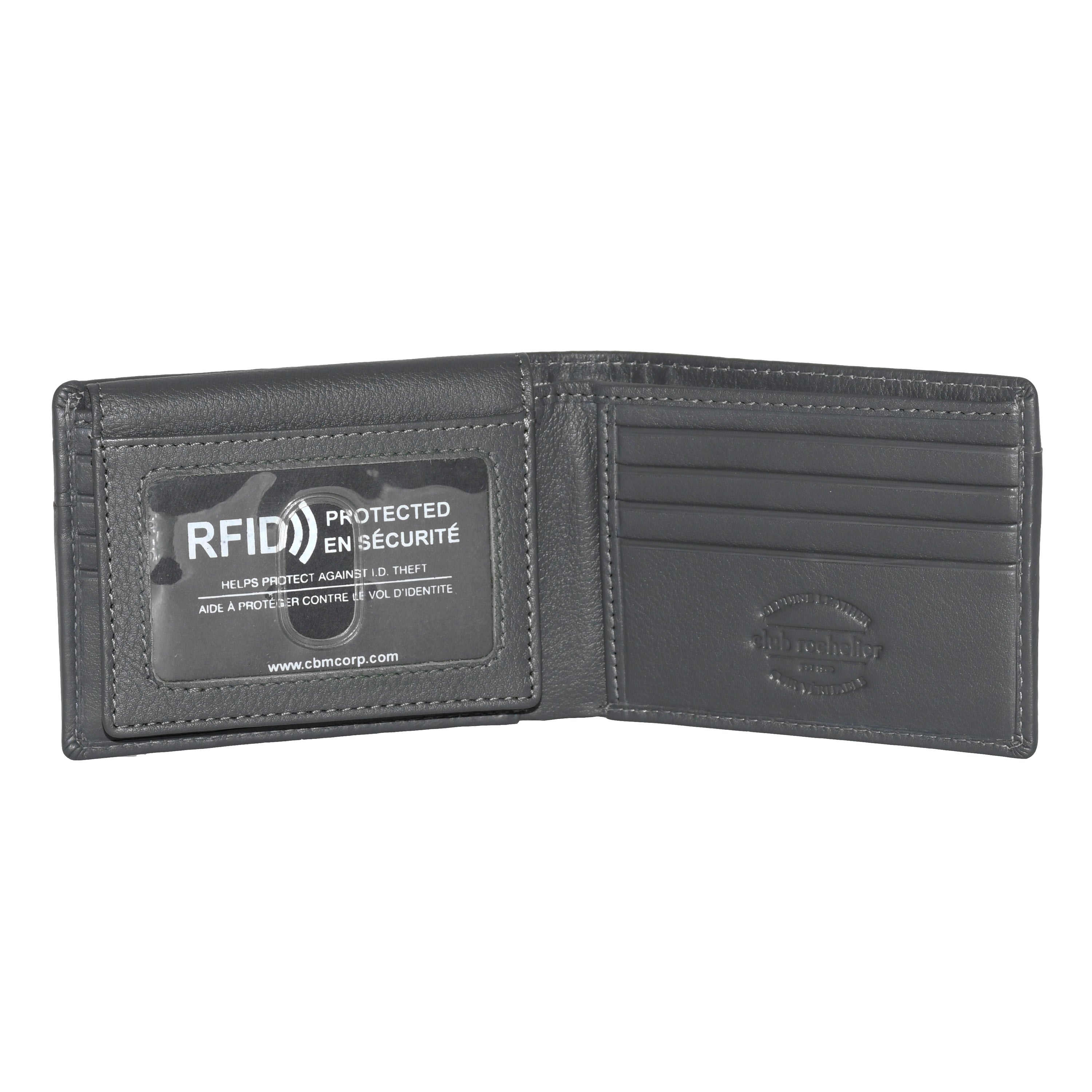Men's Slimfold Wallet in genuine leather with removable ID, featuring multiple card slots and RFID protection.
