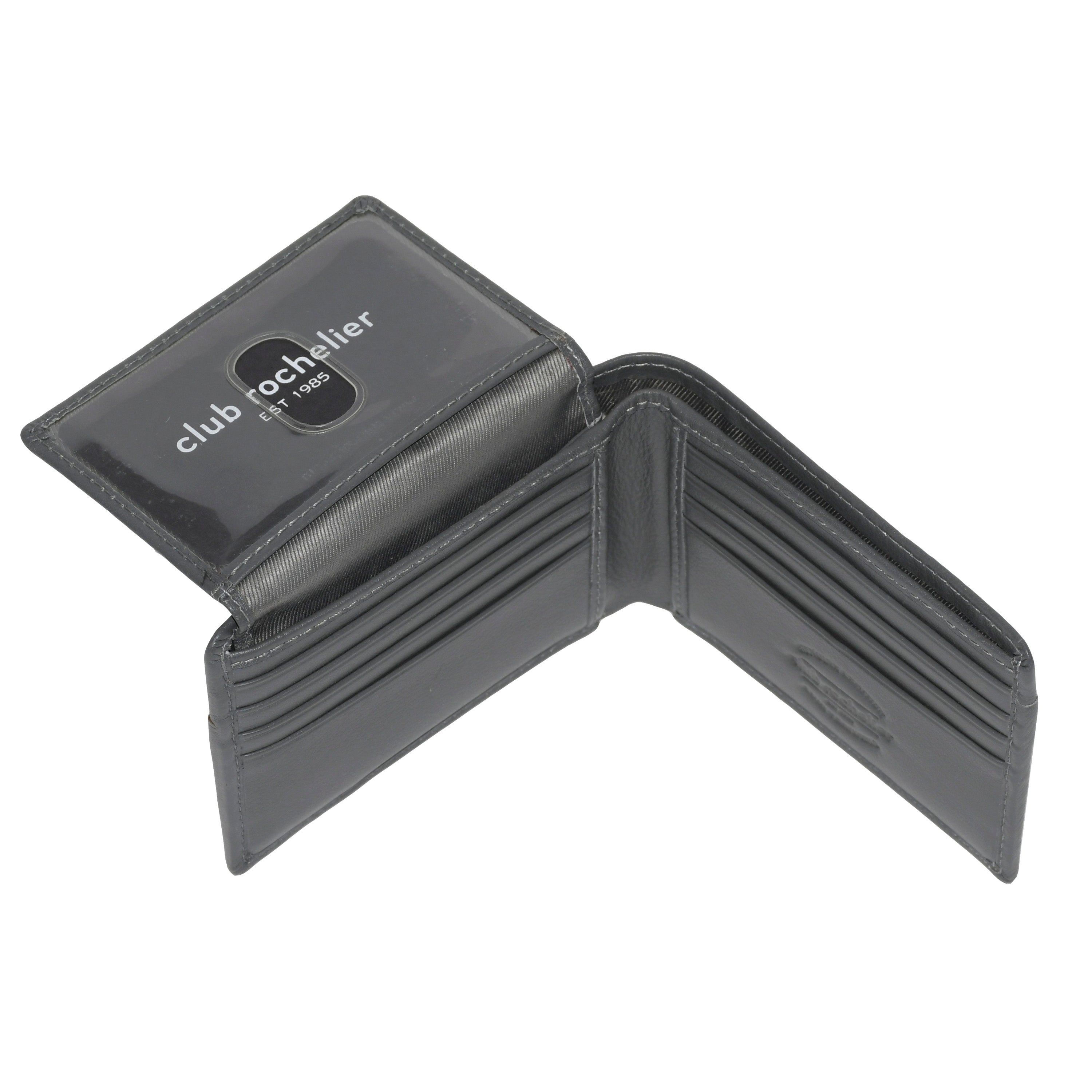 Men's Slimfold Wallet in genuine leather with removable ID, featuring multiple card slots and RFID protection.