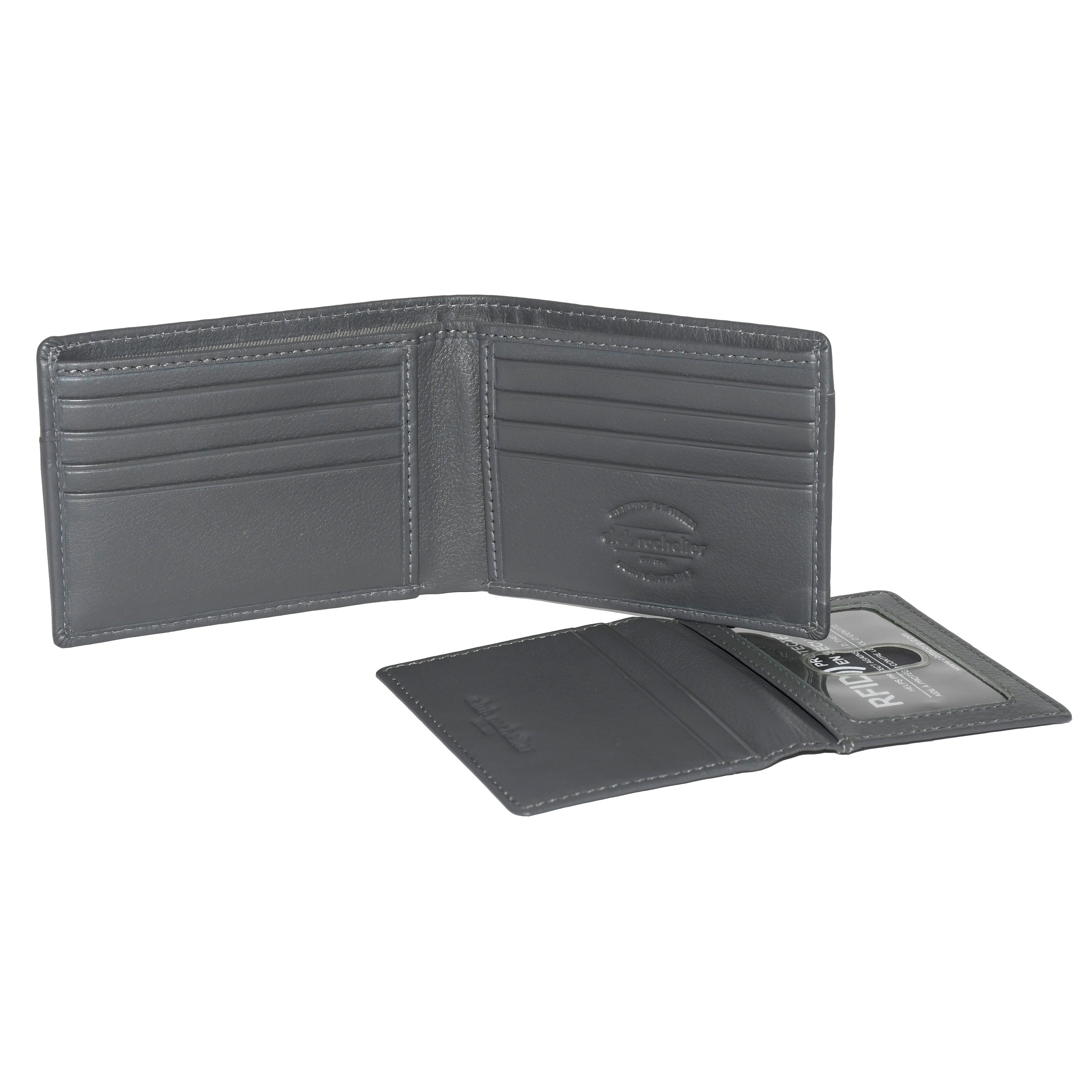 Men's Slimfold Wallet in genuine leather with removable ID, featuring multiple card slots and RFID protection.