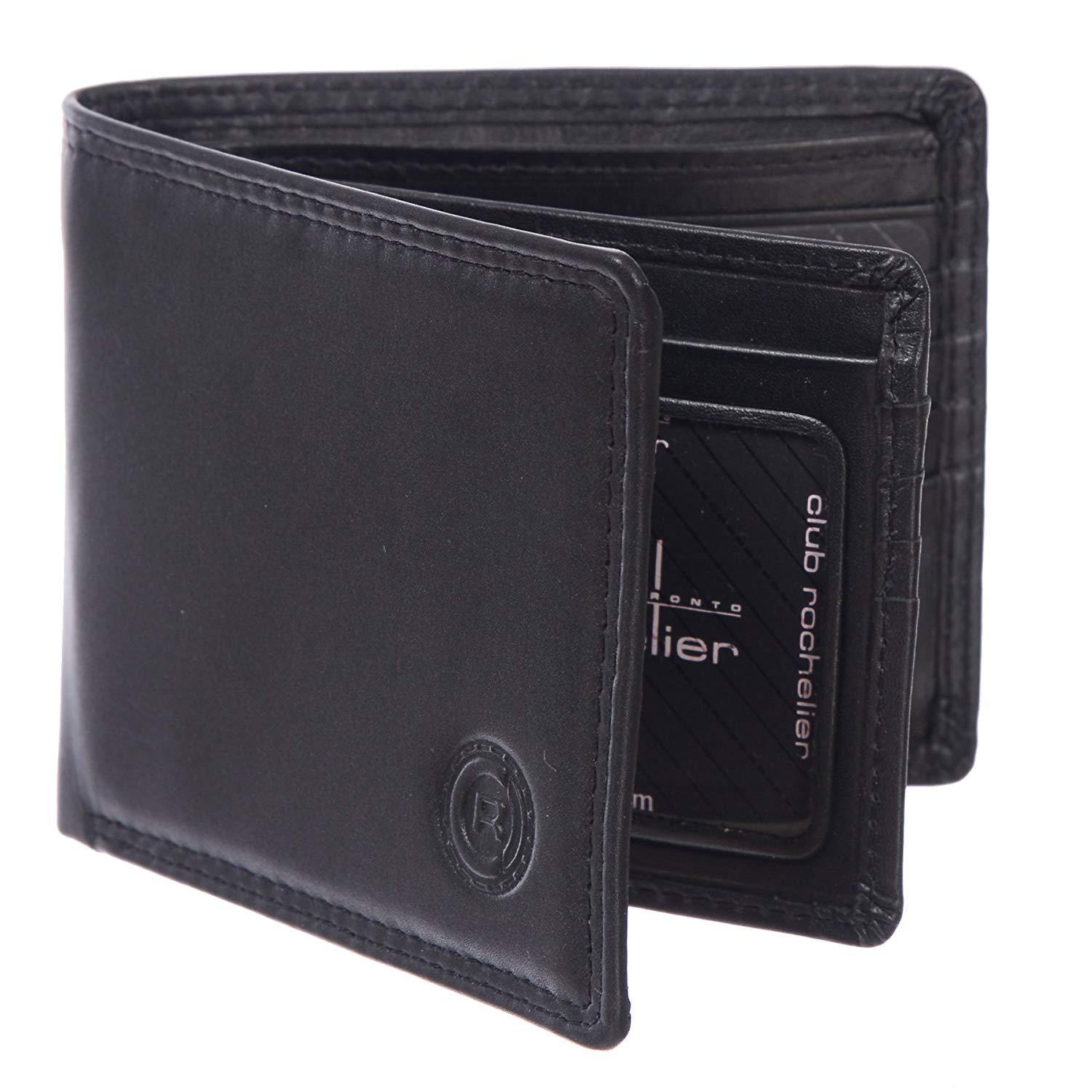 Men's Wallet with Removable Flap featuring 15 credit card slots, embossed logo, and a glossy finish, measuring 10.8 x 1.9 x 9.5 cm.