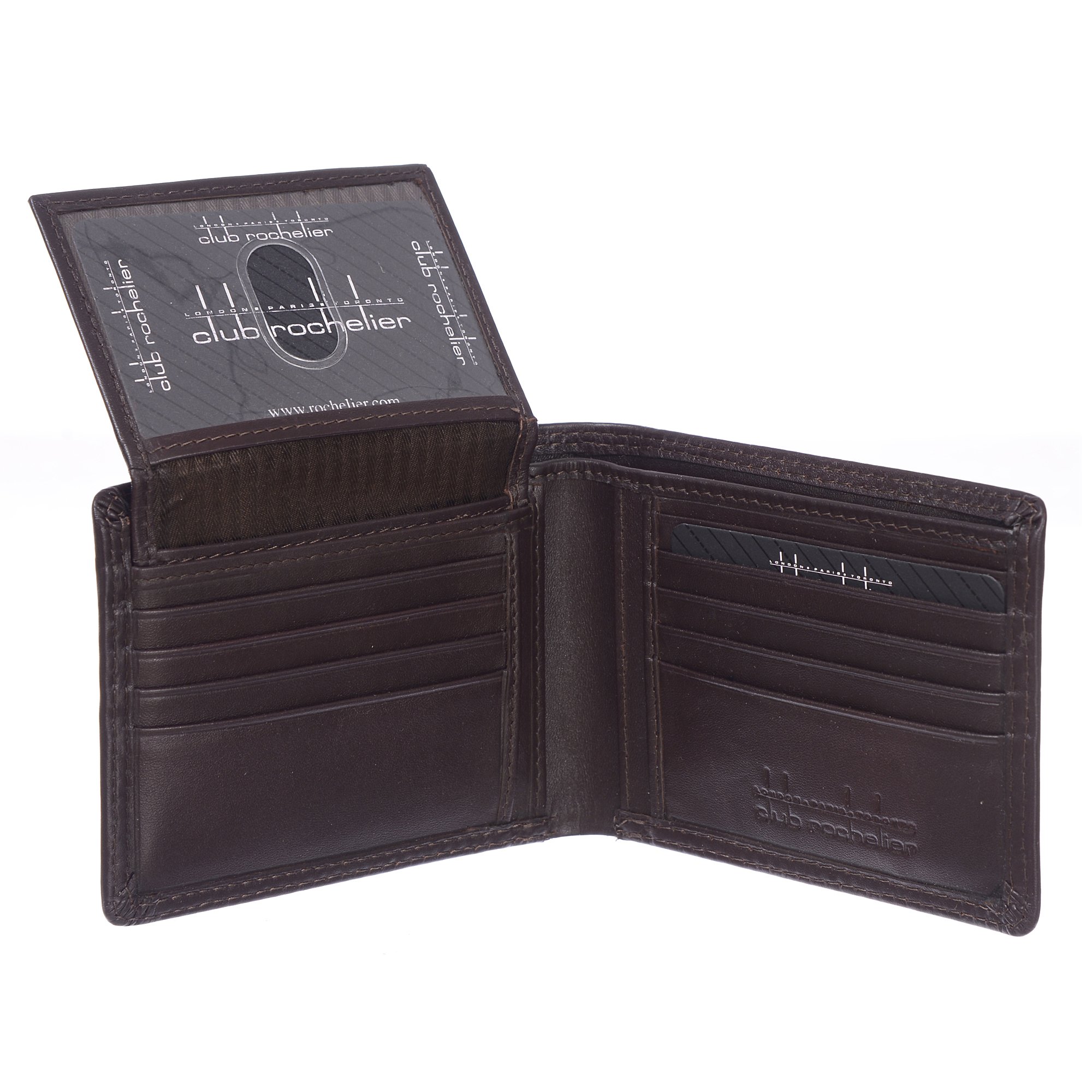 Men's Wallet with Removable Flap featuring 15 credit card slots, embossed logo, and a glossy finish, measuring 10.8 x 1.9 x 9.5 cm.