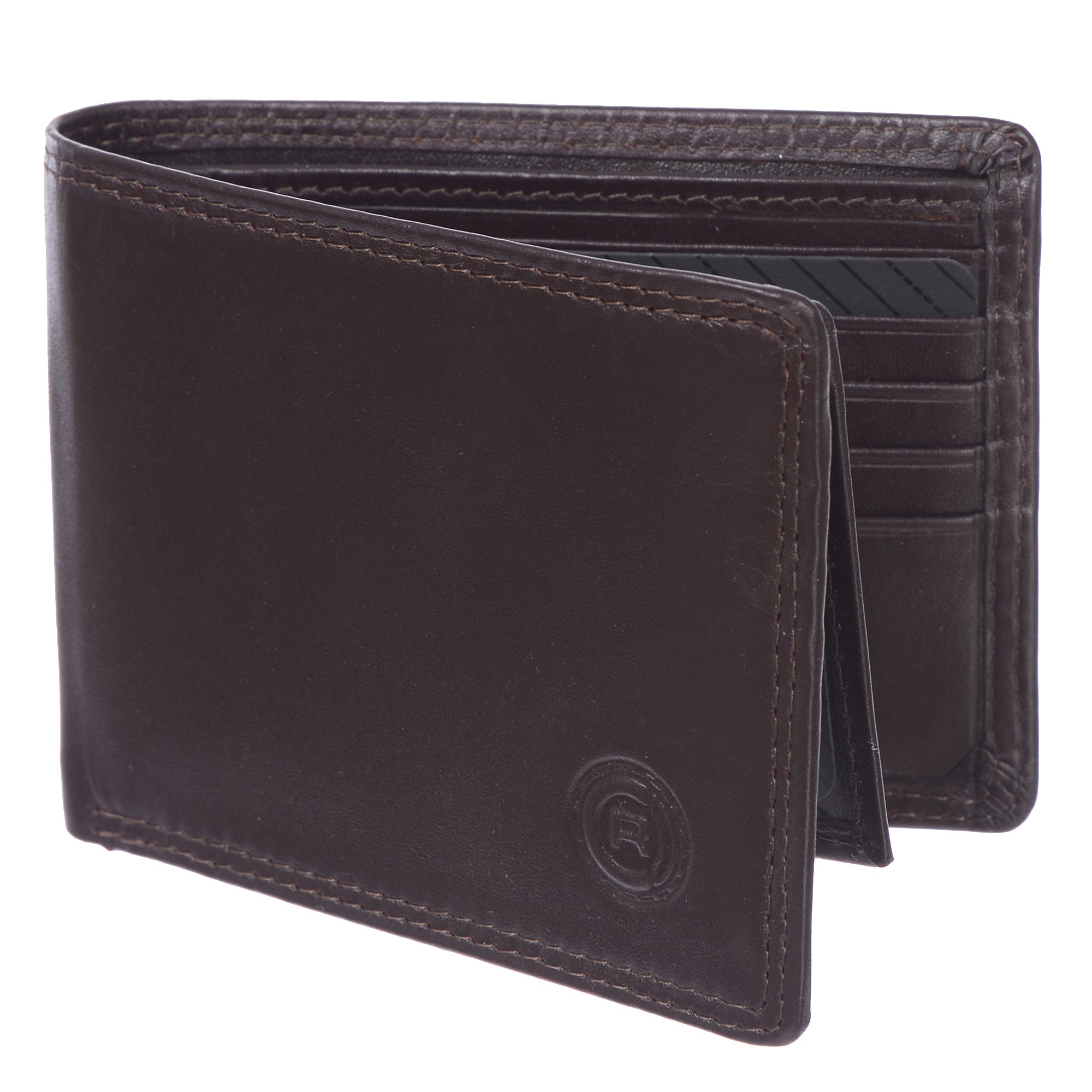 Men's Wallet with Removable Flap featuring 15 credit card slots, embossed logo, and a glossy finish, measuring 10.8 x 1.9 x 9.5 cm.