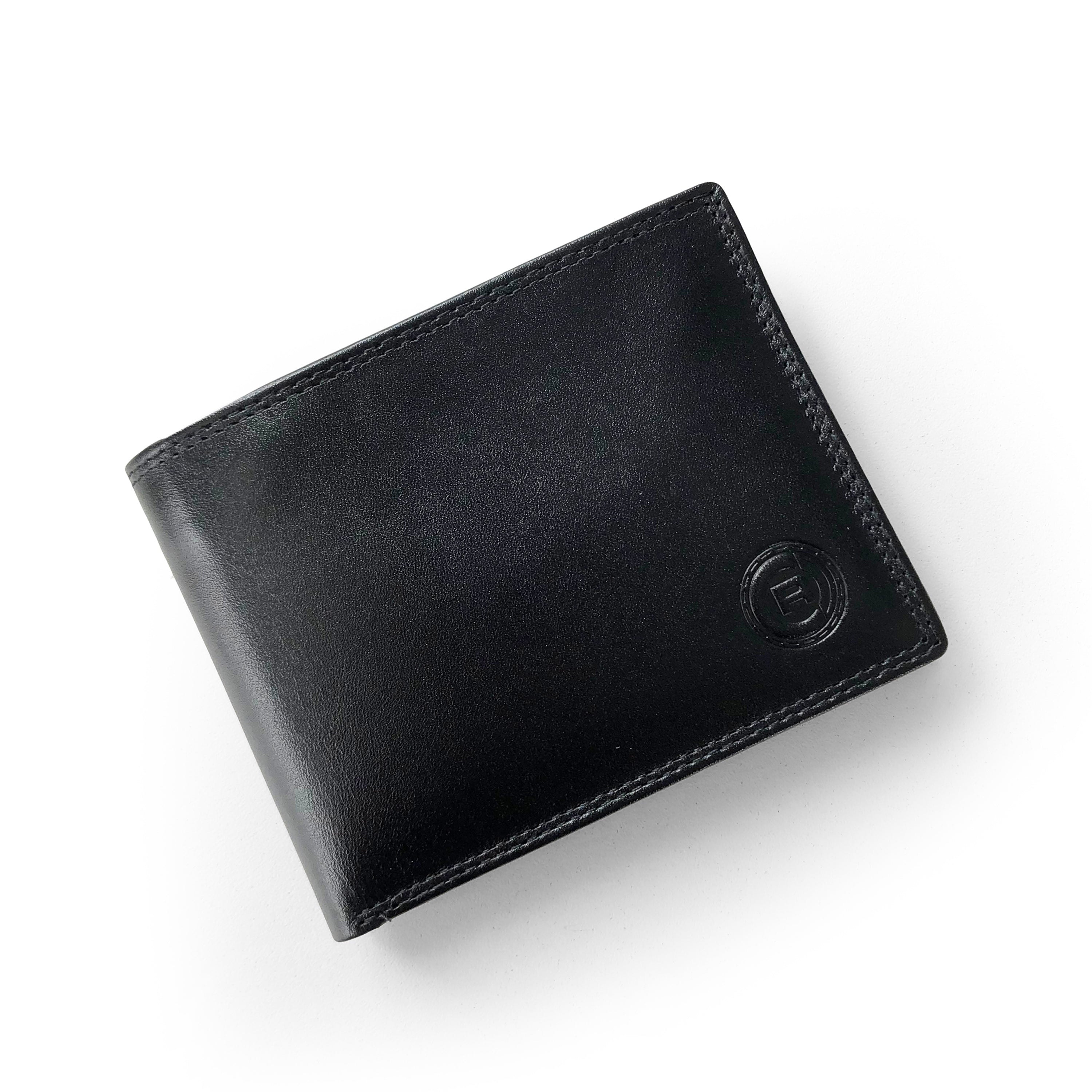 Men's Wallet with Removable Flap featuring 15 credit card slots, embossed logo, and a glossy finish, measuring 10.8 x 1.9 x 9.5 cm.