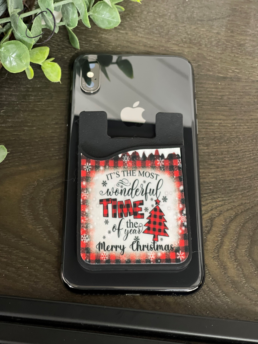 Buffalo Plaid Card Caddy Phone Wallet with microfiber screen cleaner attached, showcasing its stylish design and practical features.
