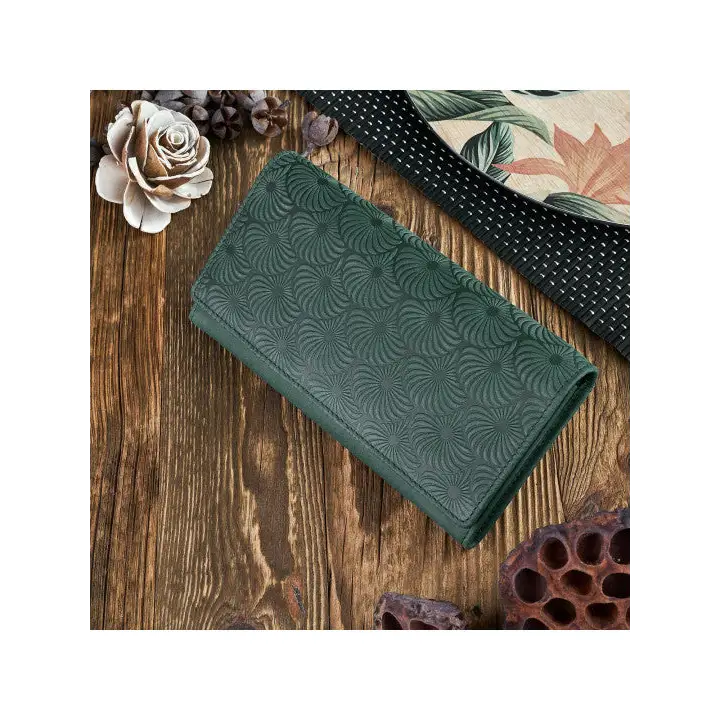 Natural leather women's wallet in red, green, and orange with geometric embossed pattern and compartments for cards and cash.