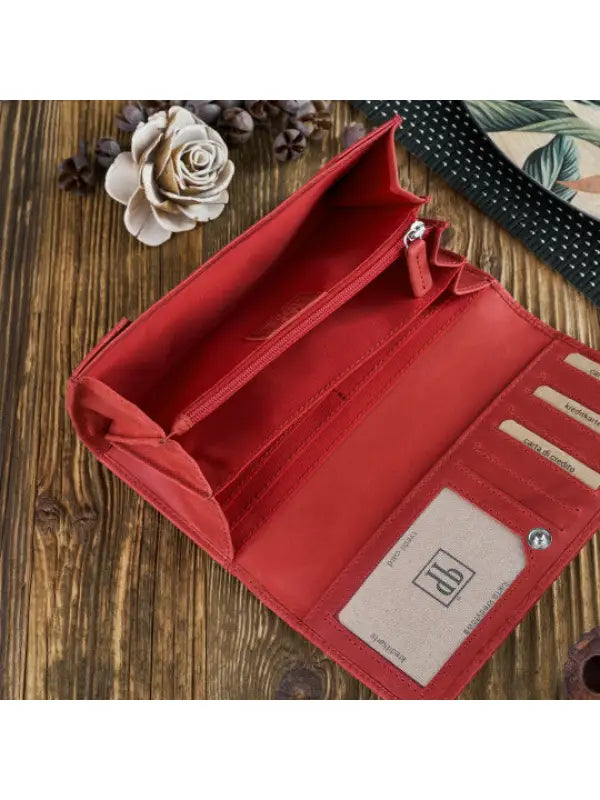 Natural leather women's wallet in red, green, and orange with geometric embossed pattern and compartments for cards and cash.